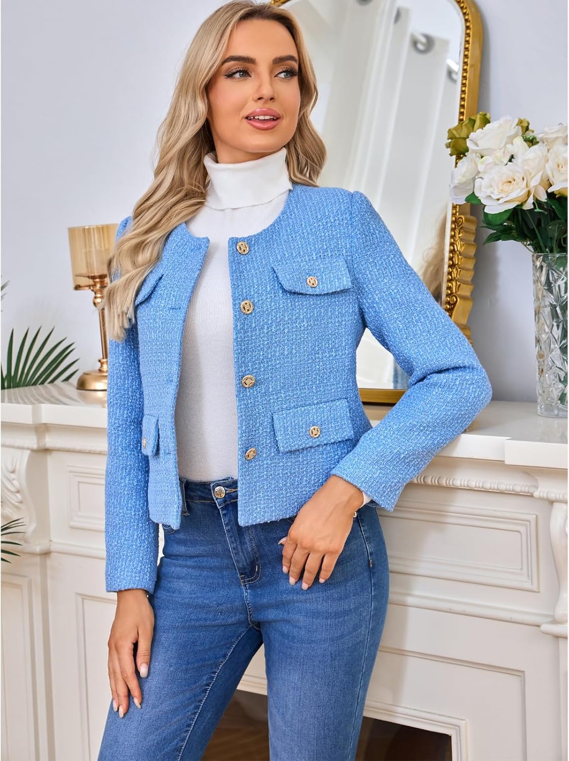 Women's Tweed Blazers Jackets Casual Long Sleeve Button Down Business Short Casual Cropped Coats - Image 3