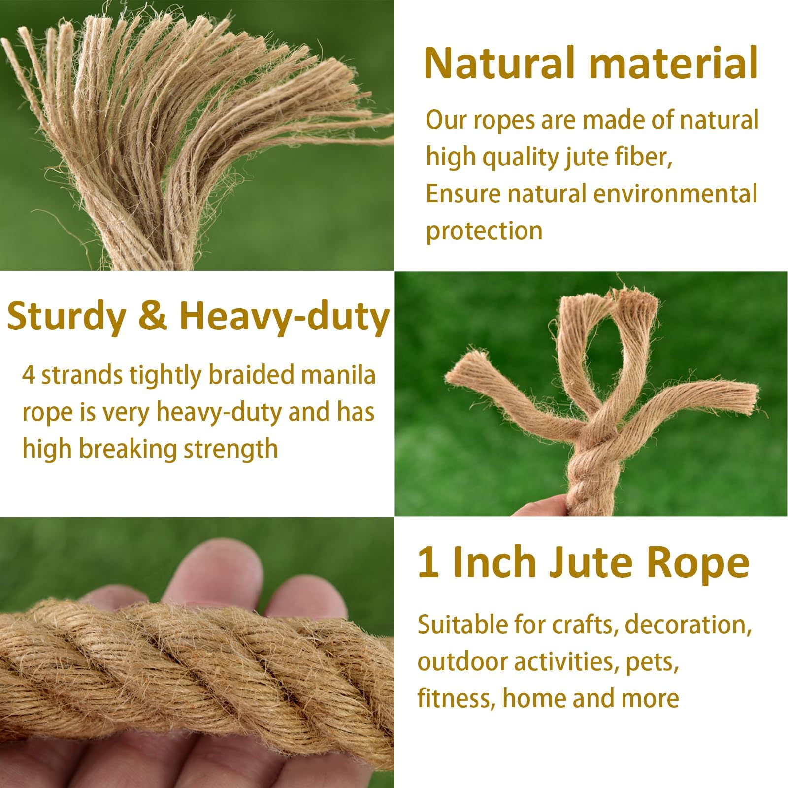 Cuerda de yute de 1 pulgada x 100 pies, cuerdas de manila trenzadas resistentes, cuerda de cáñamo natural gruesa para manualidades, decoración del hogar, jardinería, barandilla, tira y