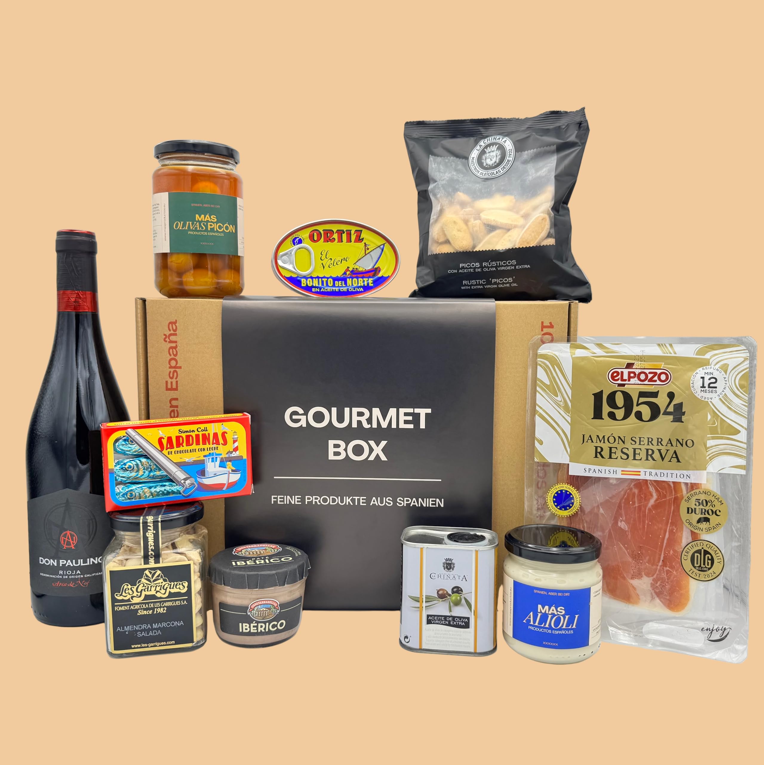 MAS PRODUCTOS - Gourmet Geschenkkorb – Spanische Feinkost – Exklusiver Präsentkorb mit Delikatessen – Geschenk für Frauen & Männer – Hochwertige Spanien Box
