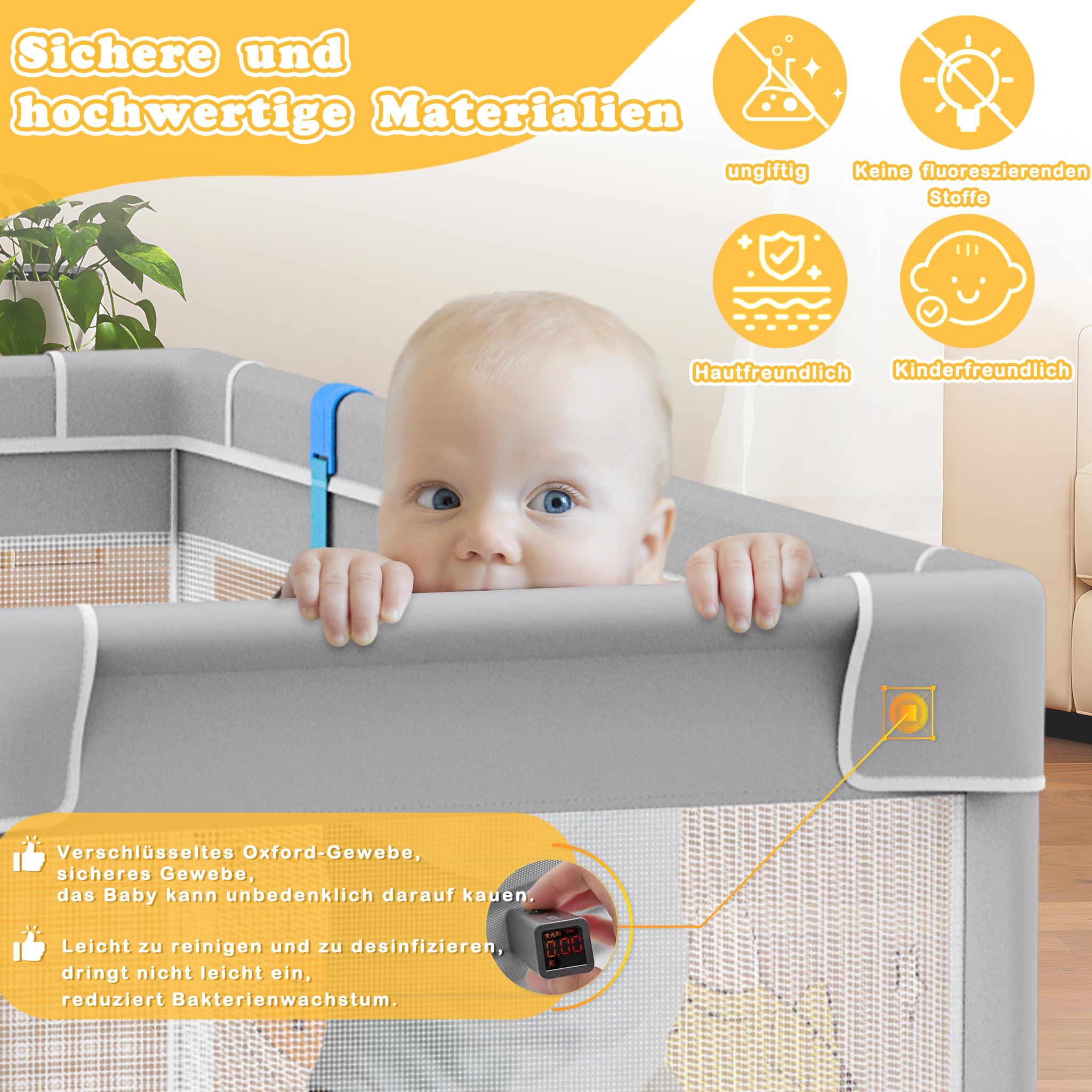 XMTECH Kojec dla niemowląt, przenośny, z 50 piłkami do zabawy, 127 cm x 127 cm x 68 cm, kratka ochronna z oddychającą siatką i zamkiem błyskawicznym i 4 pierścieniami do ciągnięcia (szary z motywami