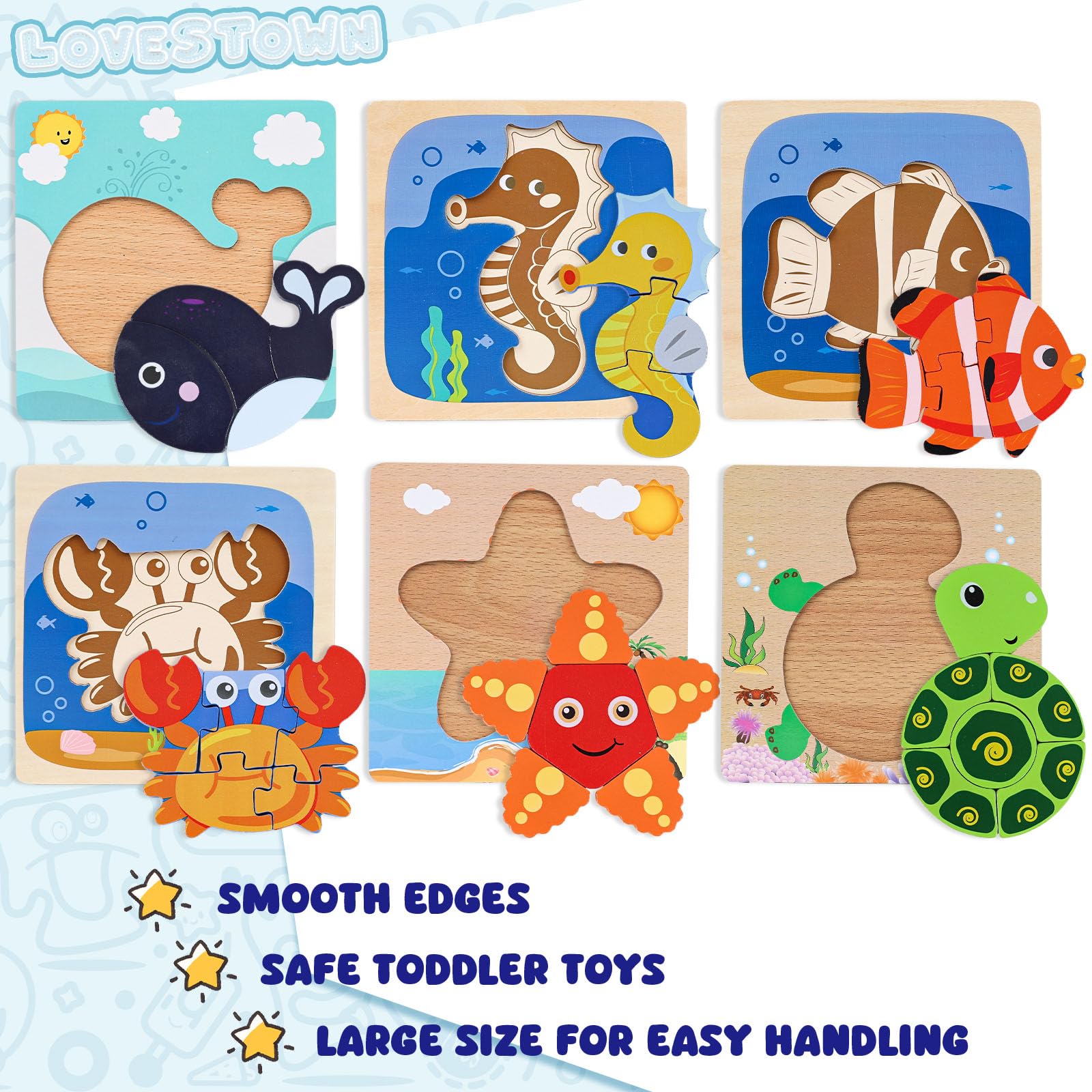 LovesTown Holzpuzzle für Kleinkinder, Meerestierpuzzle, Vorschule Lernspielzeug für Jungen und Mädchen, 6 Stück