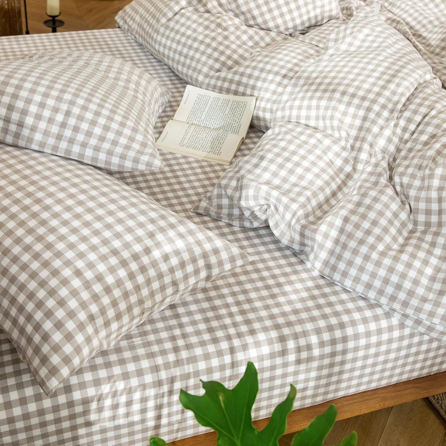 Lanqinglv Vichy - Funda nórdica de 220 x 240 cm, color caqui a cuadros, juego de cama para adultos, 2 personas, de microfibra clásica, fundas de edredón con cremallera y 2 fundas de almohada de 65 x