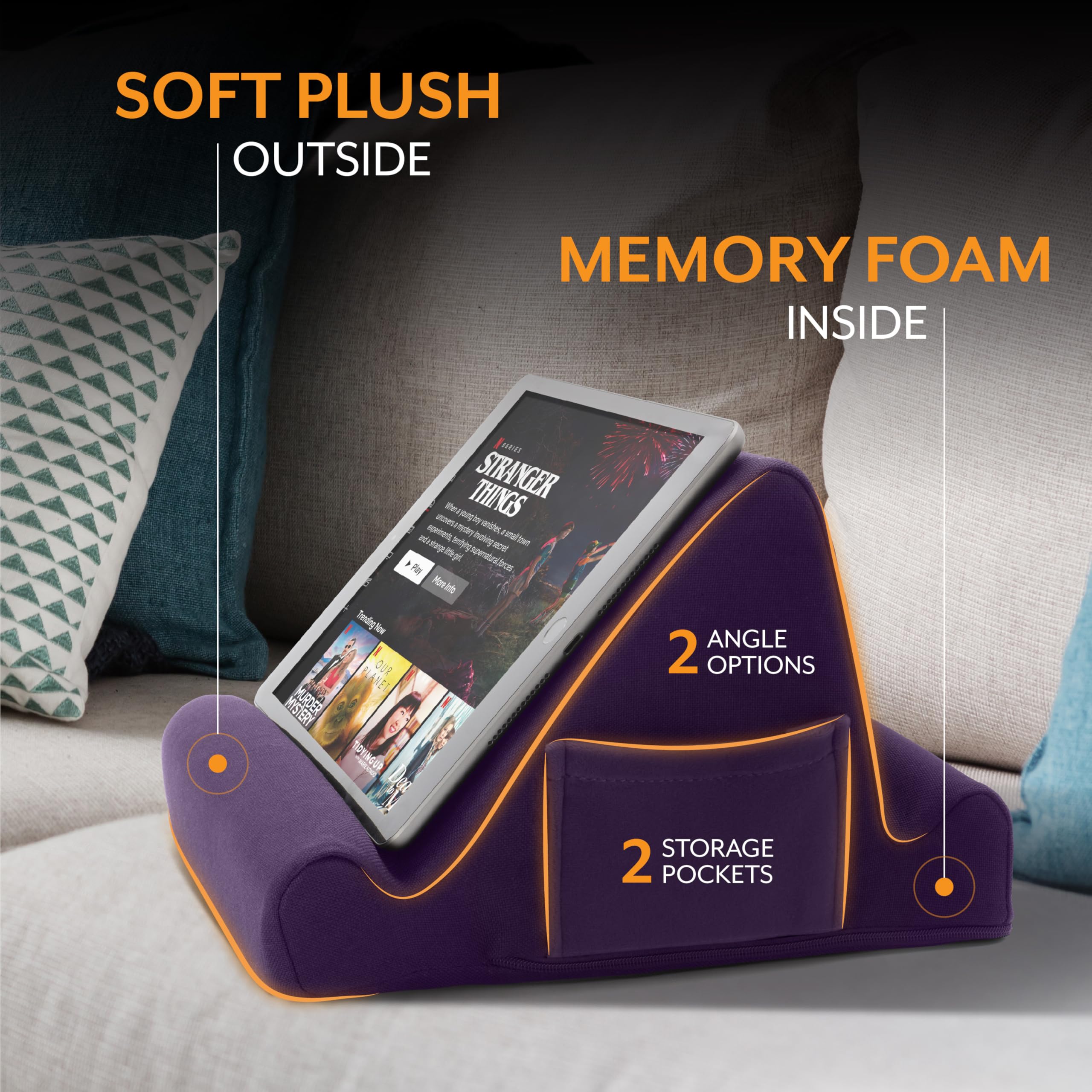 Brookstone, Supporto da scrivania in memory foam per tablet, può contenere telefoni, iPad, lettori di e-book, 2 angoli di visione, 2 tasche laterali per accessori, cuscino porta libri, perfetto per