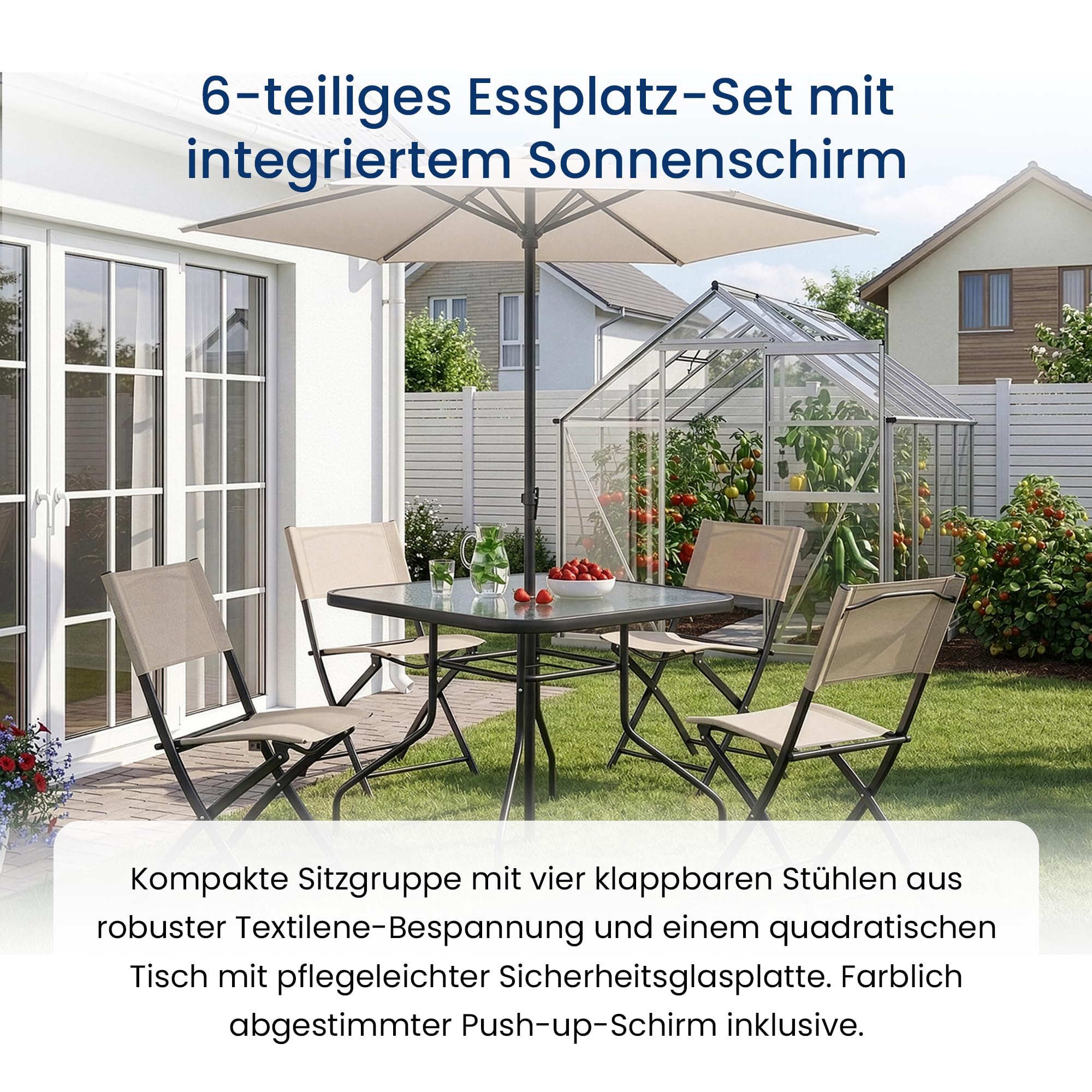 Home Collective Juego de muebles de jardín para balcón, juego de comedor al aire libre, muebles de terraza, 6 piezas, 4 sillas plegables, 1 mesa de cristal, 1 sombrilla, resistente a la intemperie