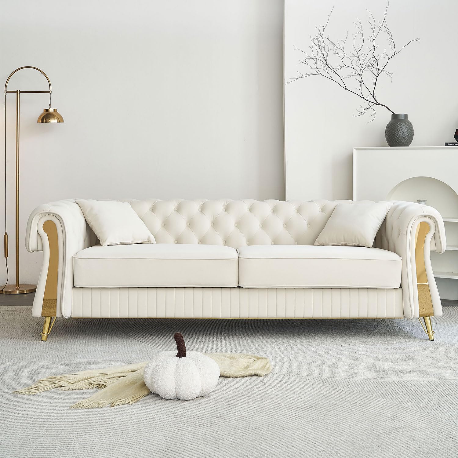 KEIKI 89" Chesterfield Velvet Button Tufted Sofa with High Density Foam Cushions and 2 Toss Pillows, Modern Style 3-Seater Couch with 4 Gold Metal Leg, Easy Assembly, for Living Room, Apartment, Beige