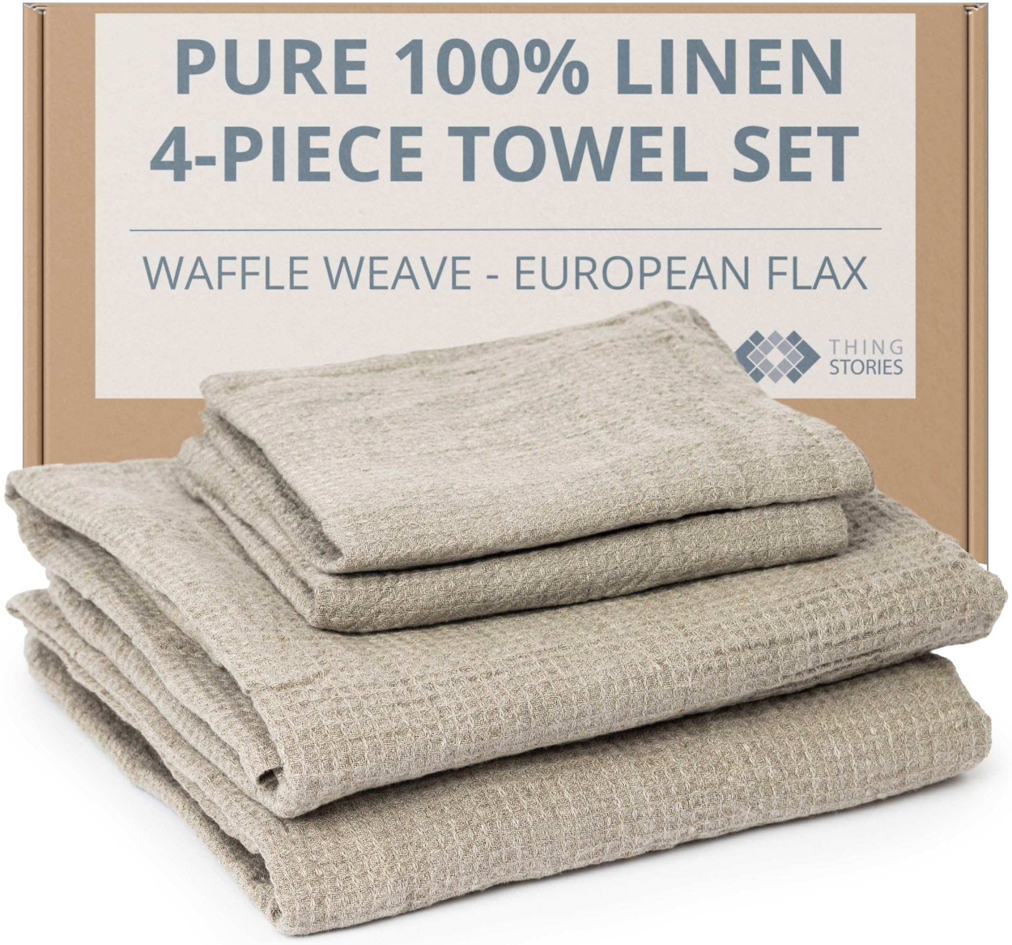 4-Piece 100% Linen Towels Set - 2 Bath Towels Set, 2 Hand Towel Sets - Natural Fiber Waffle Towels for Bathroom Thin Pre-Washed Lightweight Quick-Dry Absorbent