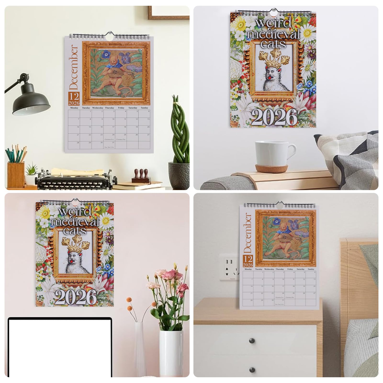 Calendrier Mural 2026 "Animaux Médiévaux Moches" - 29x21 Cm - Humoristique, Décoration Bureau Ou Maison