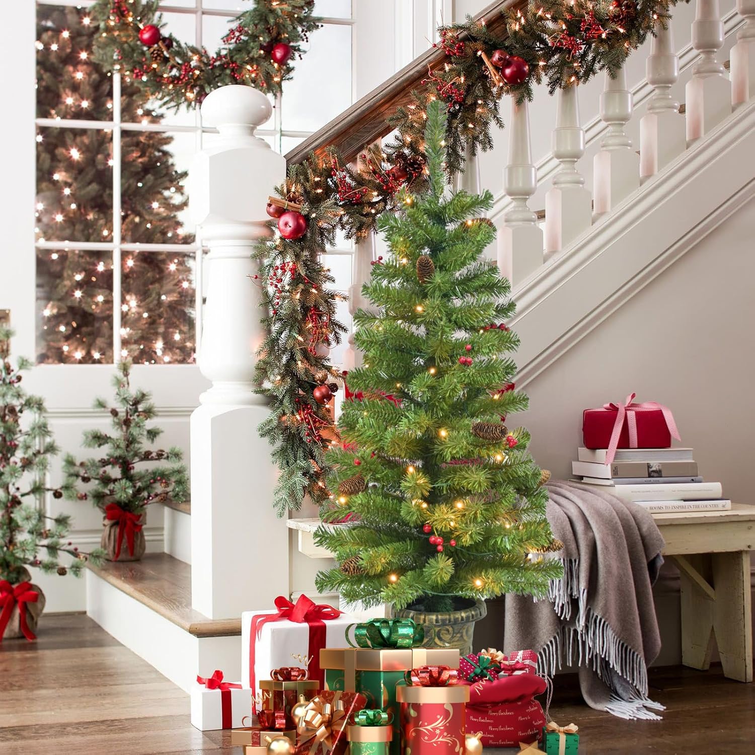 4FT Artificial Potted Christmas Tree with Lights, Pre-lit Mini Christmas Tree with 50 LED Lights, Small Fake Spruce Tree with 140 Branch Tips, Pine Cones&Red Berries, Battery Operated - Image 5