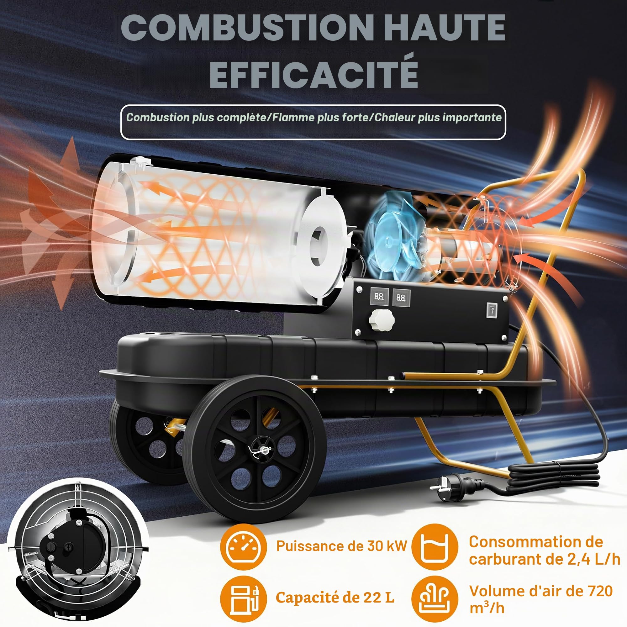 FIVMEN Canon de chauffage diesel 30 kW avec thermostat Chauffage à huile Chauffage souffleur à huile 22 l Débit d'air 720 m³/h Chauffage à huile Chauffage de chantier Canon diesel avec ventilateur