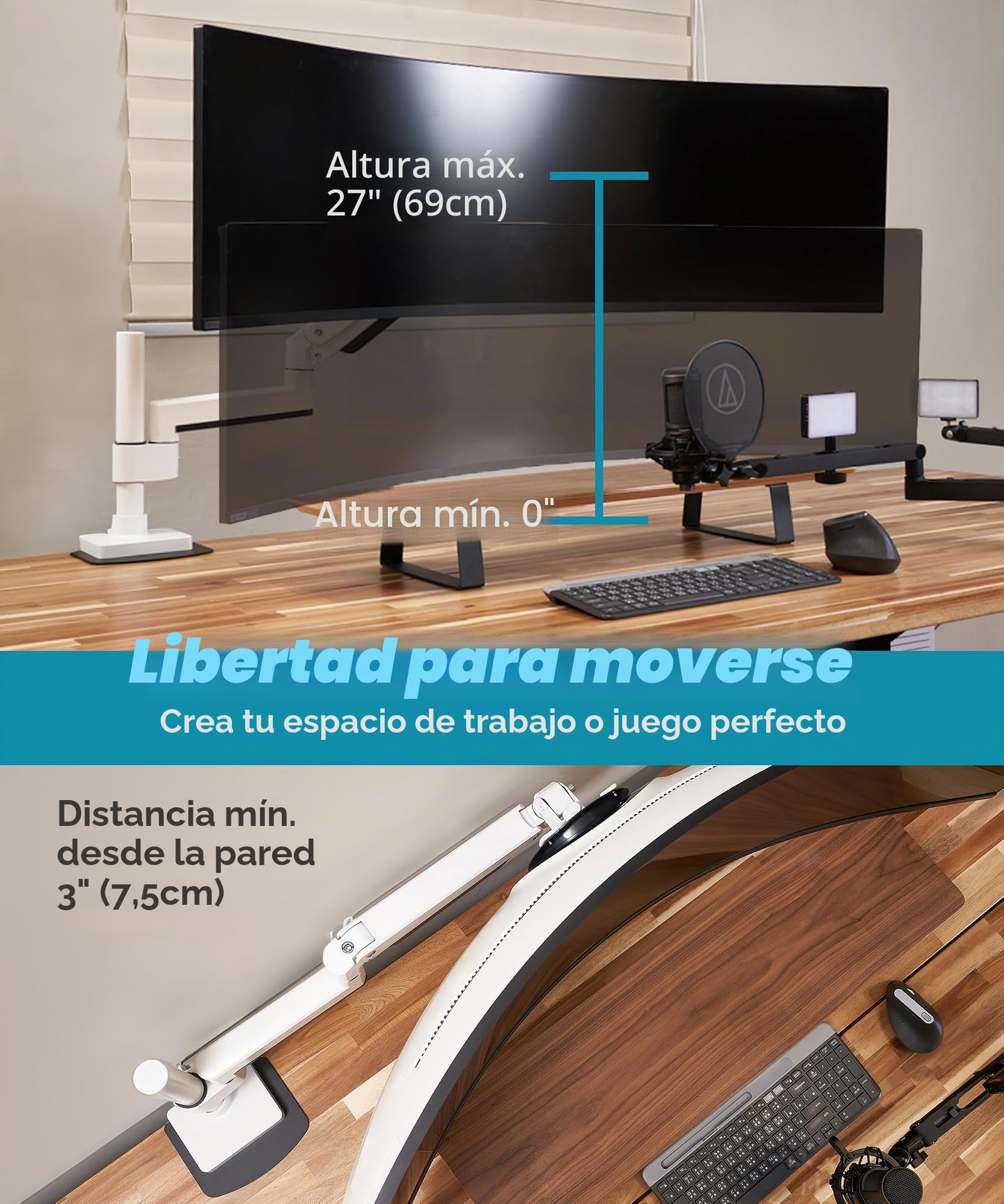ULTRARM Brazo para Monitor Curvo ultrawide, Resistente, diseño Modular | Máx. 57", 20 kg, pantallas 900R, VESA 100x100, altura ajustable neumática, pinza C y pasacables, Blanco, MA20PW-S