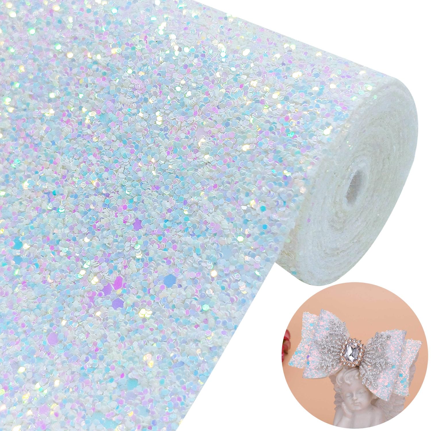 Ice Frozen Princess Chunky Glitter Faux Leather Roll 12x52inch Solid Color Sparkly White Winter Fairy Leather for Cricut Bows Crafts Earrings (18060#20)-image-22