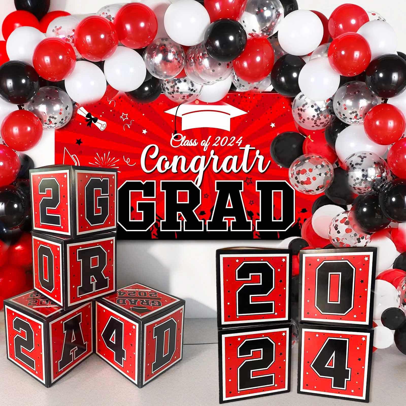 Lajeje Graduation Decorations Class of 2024-68pcs Red, Black, and White Graduation Party Supplies | Balloon Arch Kit, Balloon Boxes, Grad Banner for High School College Graduation Party Decor