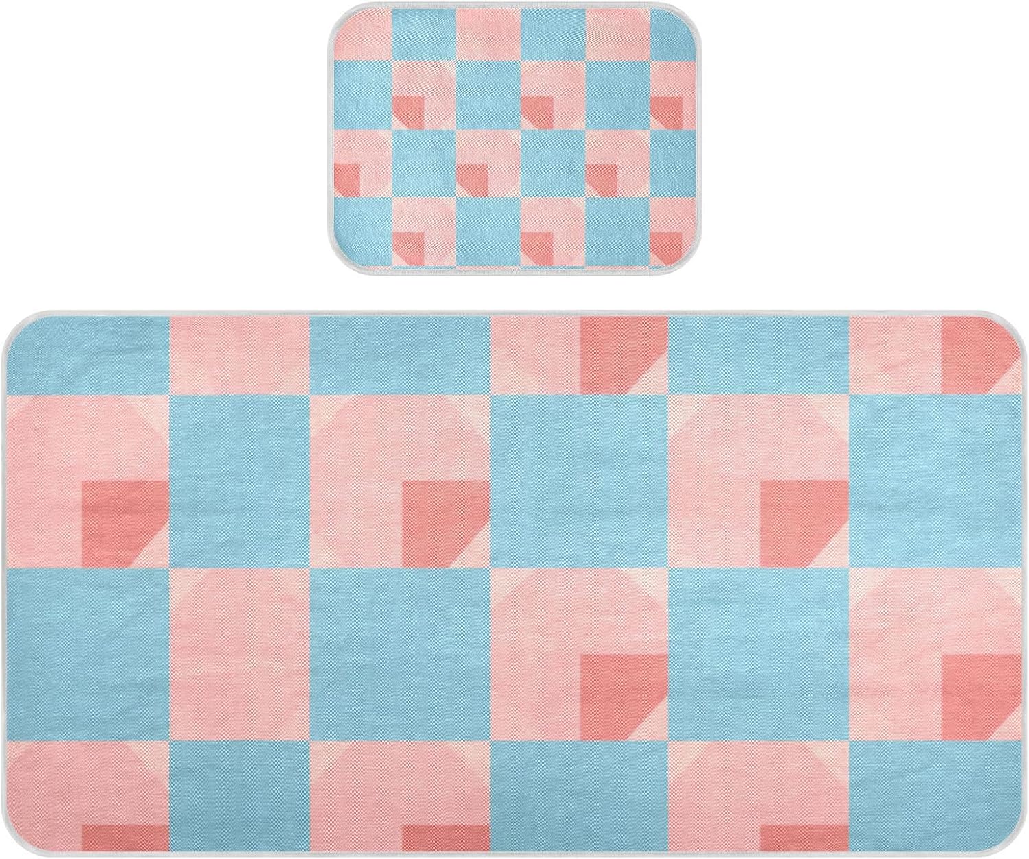 Light Blue and Blush Checkered Pattern Cooling Baby Mattress pad Waterproof 28" x 52" Reusable Mattress pad for Baby&Toddler