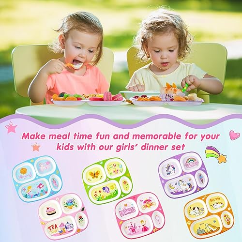 Miniatura 5 de Hushee 6 platos de melamina de 9.4 x 8.2 pulgadas para niños y niñas, platos divididos de plástico para servir unicornio, princesa, sirena,