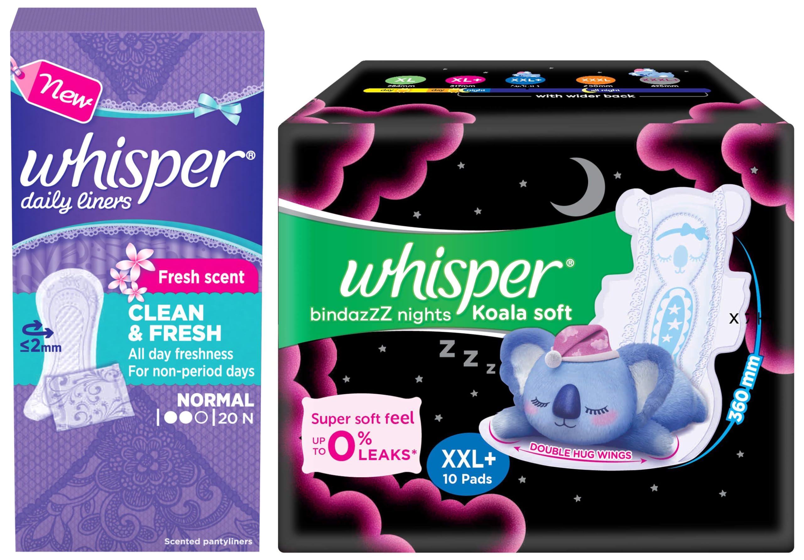 Whisper Bindazzz Night Koala Soft Sanitary Pads|Pack of 10 Pads|XXL+ & Whisper Clean and Fresh Daily Liners 20 Count Sanitary pads for women (Pack of 1) (B0CRVSLCTH) Amazon Price History, Amazon Price Tracker