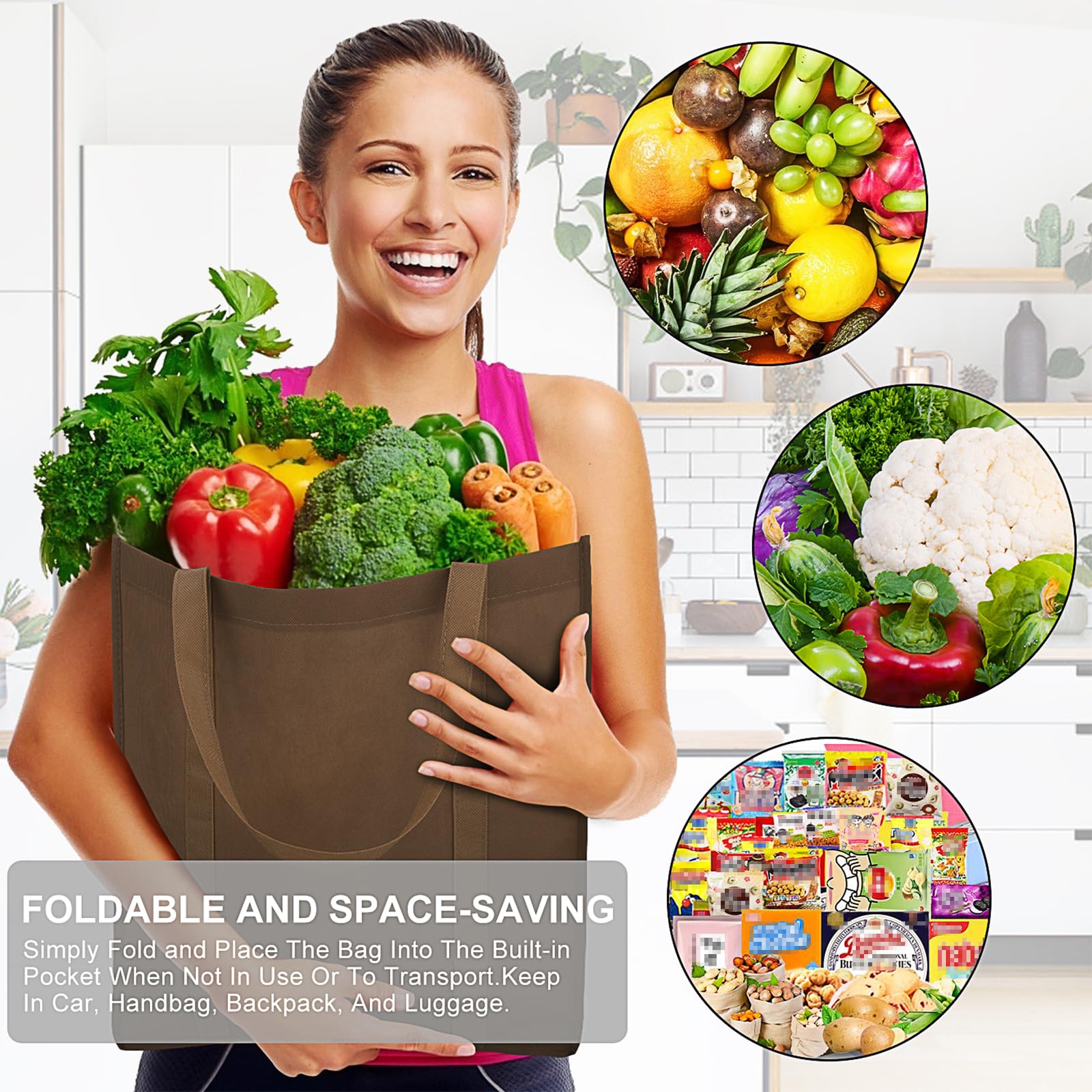 WiseLife Bolsas reutilizables para comestibles [juego de 12] grandes y plegables bolsas de la compra ecológicas con asa larga para la compra de comestibles ropa verduras frutas (6 colores surtidos)