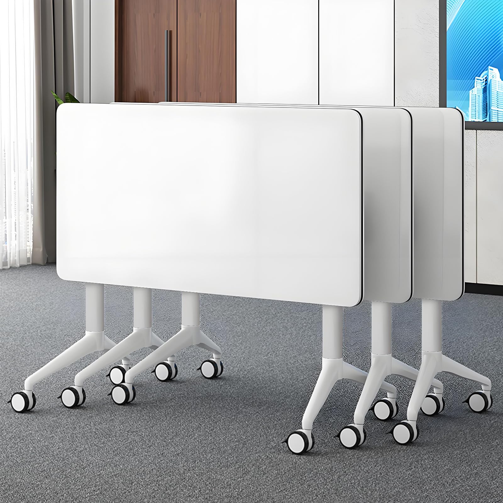 HSHBDDM Folding Conference Table with Flip-Top & Locking Wheels, Training Table with Metal Frame – Modular, Space-Saving Design for Office, Meeting,