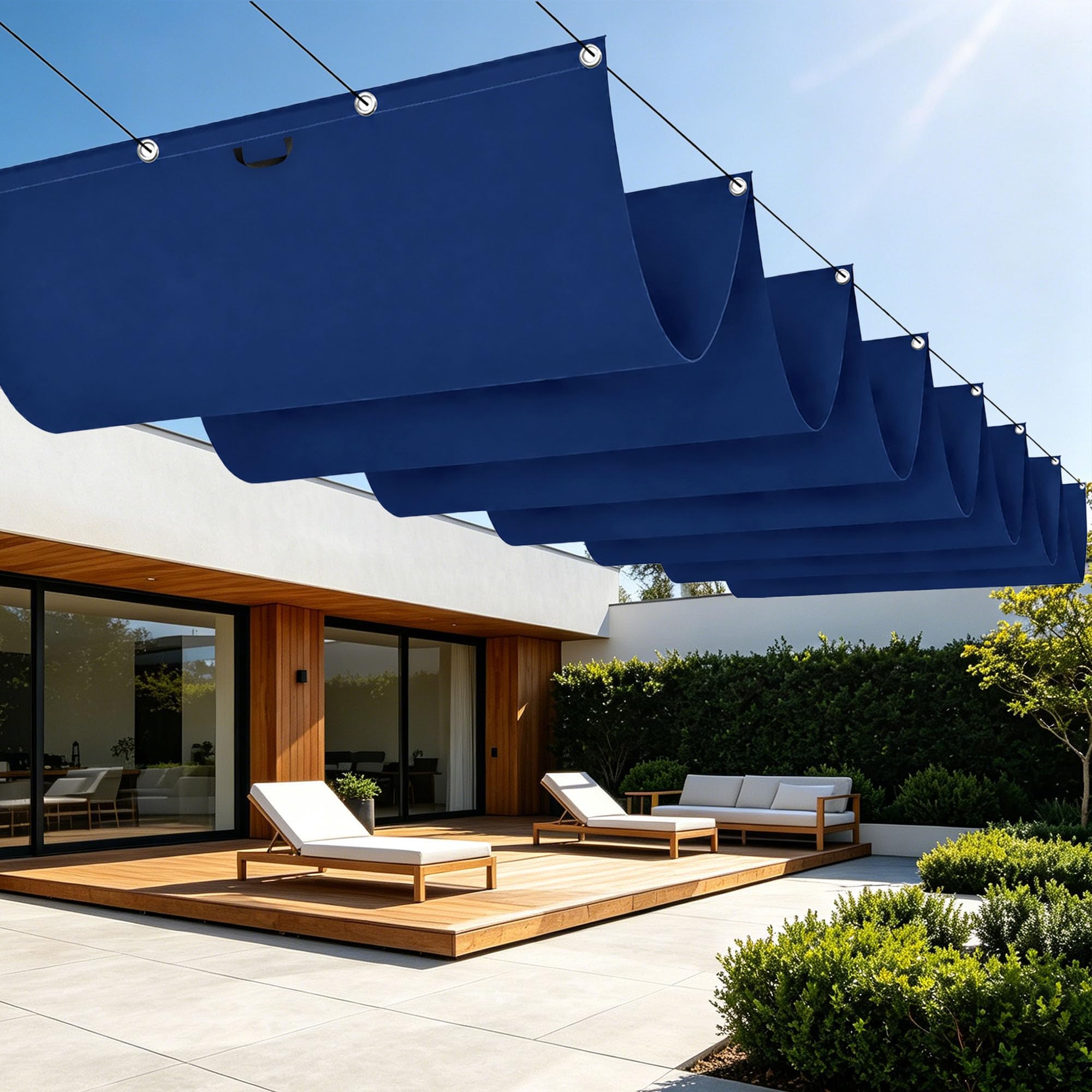 Voile d'ombrage vague imperméable bleu foncé grand format 10m pour pergola et terrasse