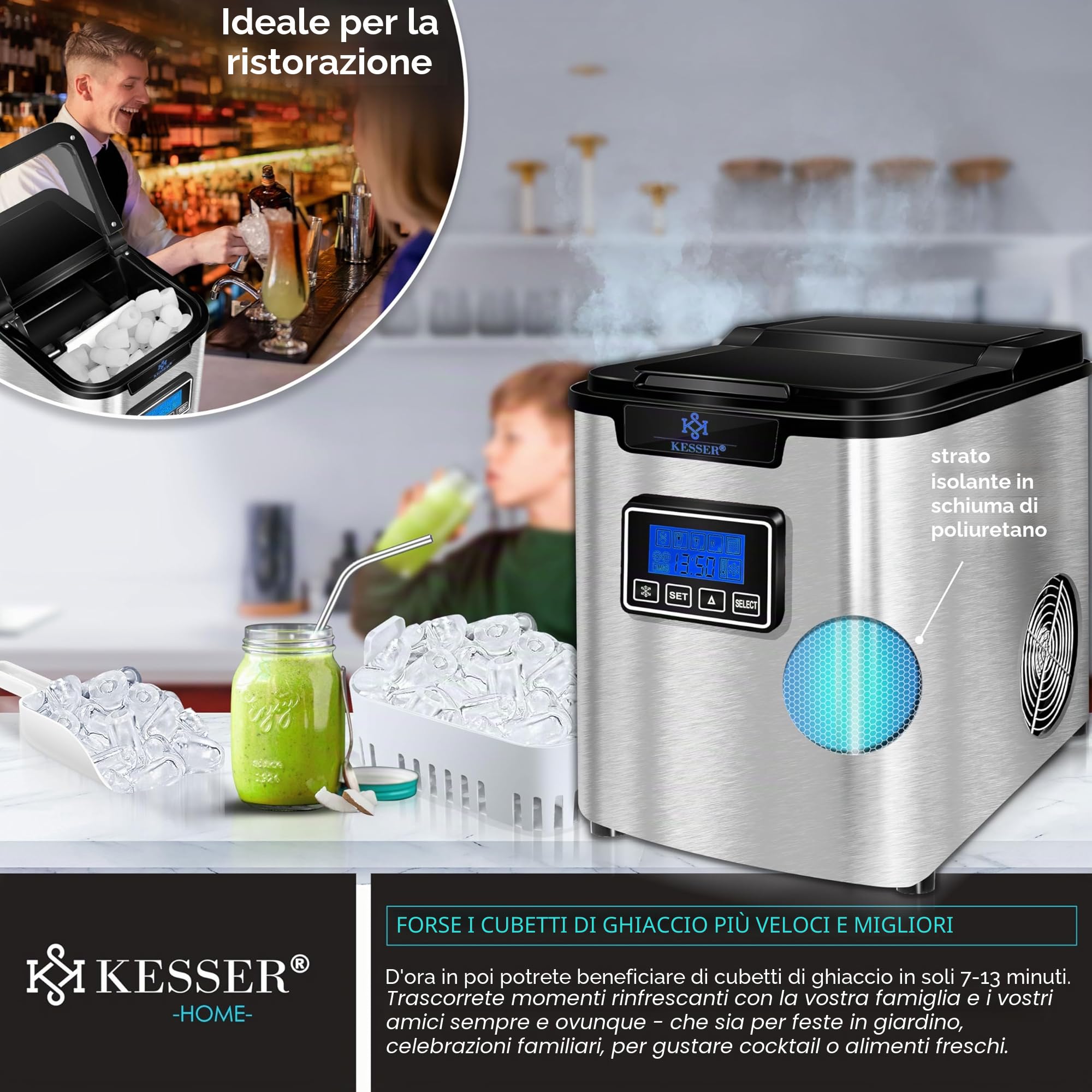 Macchina per il ghiaccio KESSER® in acciaio inossidabile | 150 W | 12 kg in 24 ore | Cubetti di ghiaccio in 3 dimensioni | Serbatoio dell'acqua da 2,2 litri