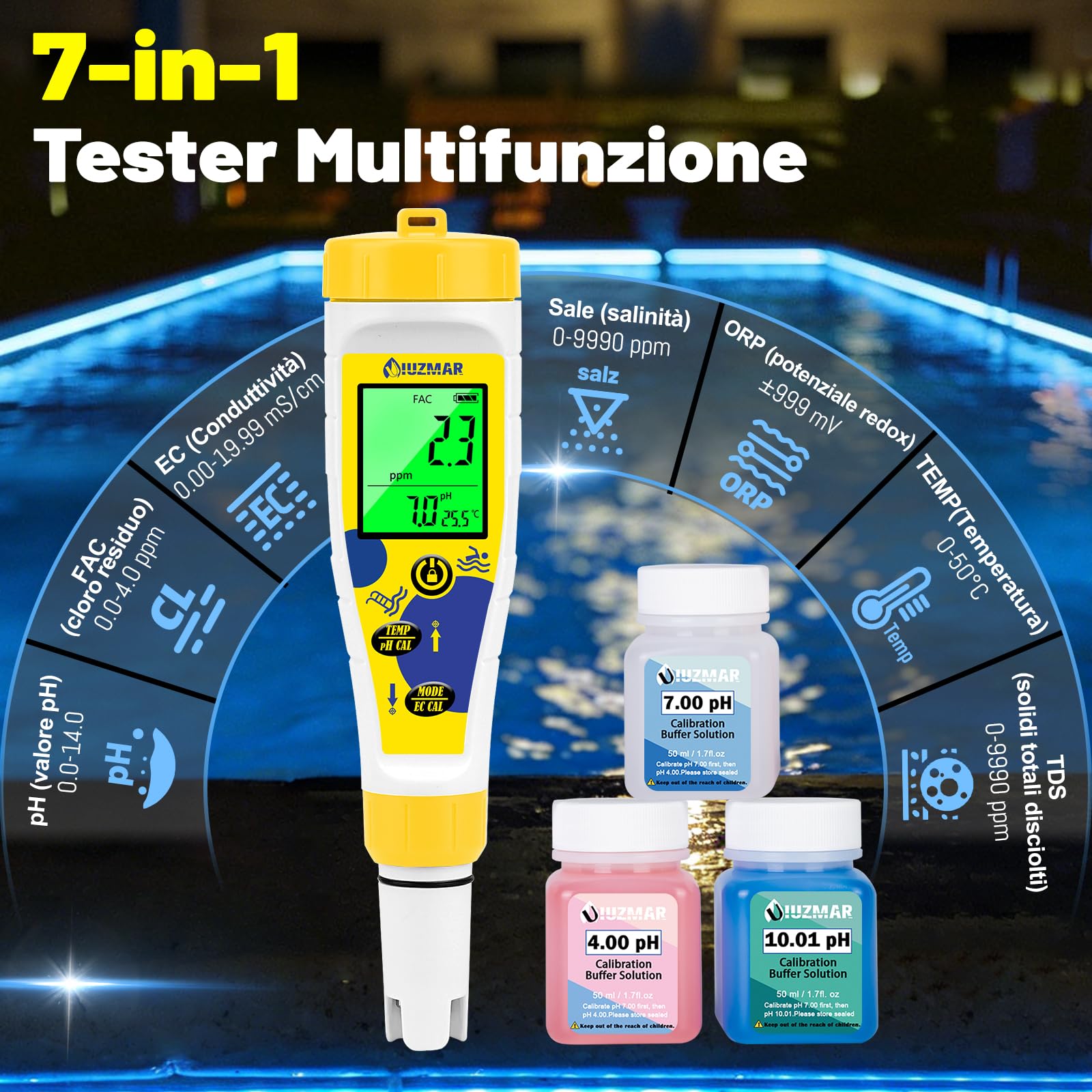 UIUZMAR Misuratore pH e Cloro Sale Piscina, Salinità Piscina Acqua Salata | Visualizzazione Simultanea di pH/Cl/Temp, 7 in 1 pH, EC, TDS, Salinità, Cloro Residuo, ORP e Temp per Acquari Idroponici Spa