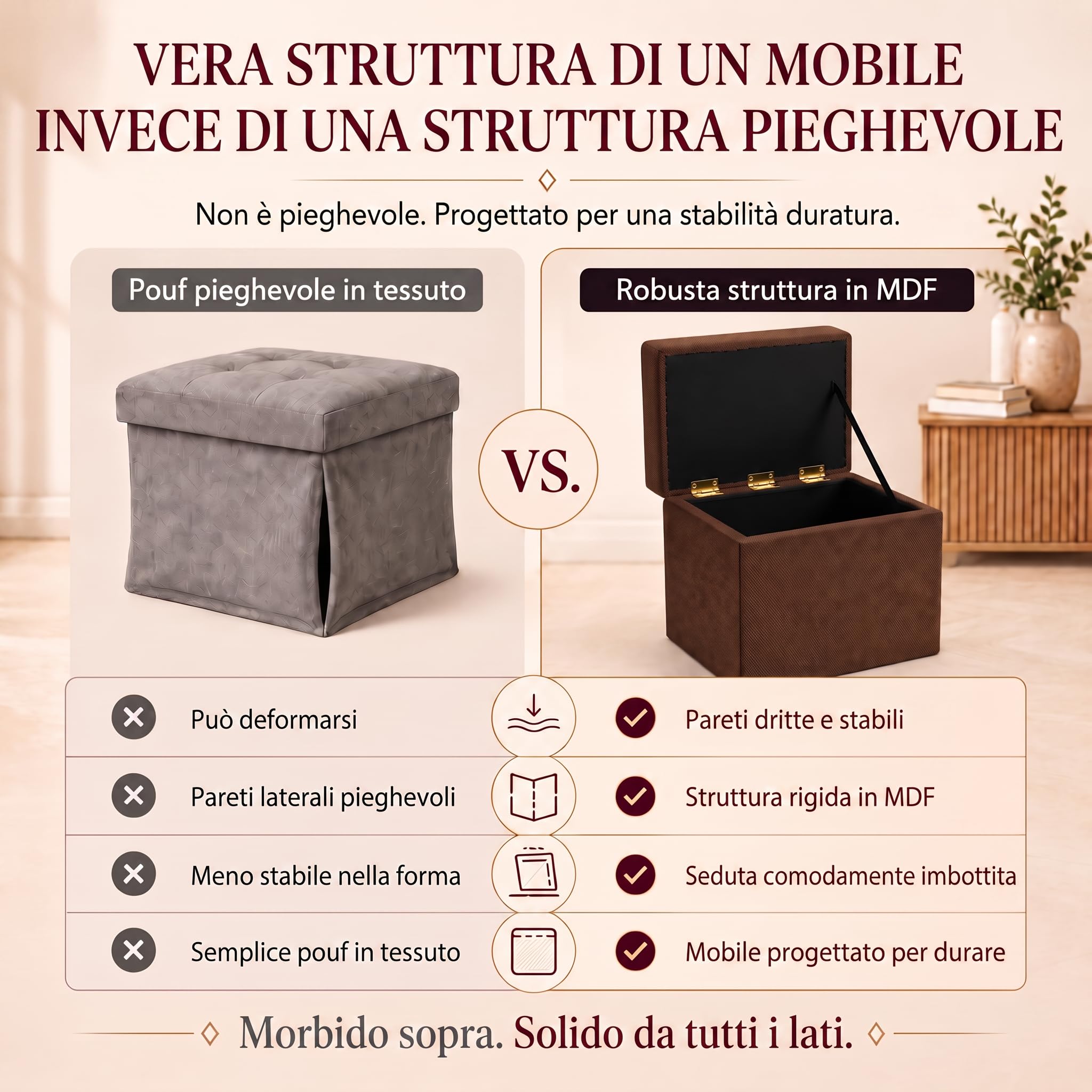 VELORA H&L Pouf Contenitore 45 x 45 cm Marrone scuro – Pouf Imbottito in Tessuto con Vano Portaoggetti, Portata fino a 150 kg, per Soggiorno, Camera da Letto e Ingresso