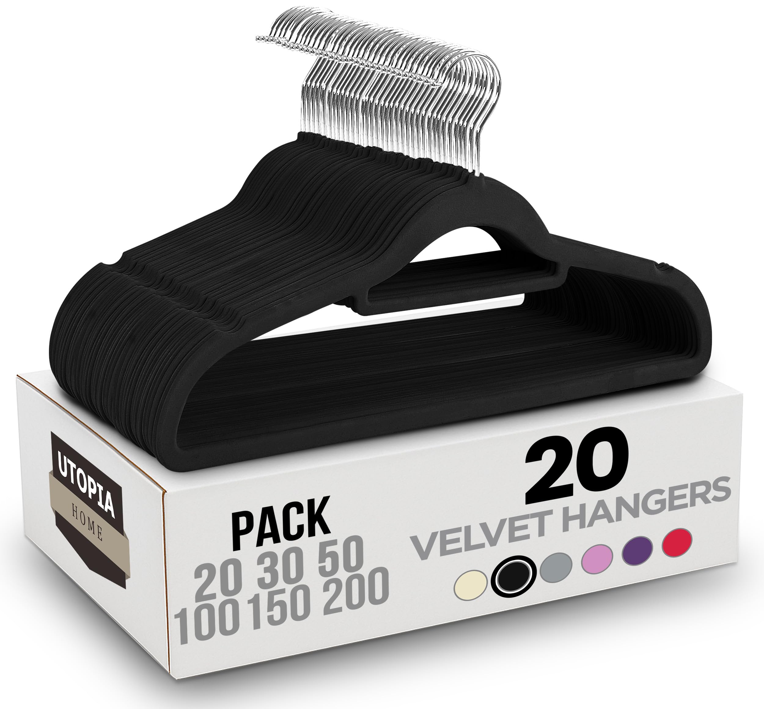 Utopia Home Pack of 20 Velvet Suit Hangers with Tie Bar - Heavy Duty Non-Slip Premium Hangers for Adult Clothes - 360 Degree Swivel Hook, Black