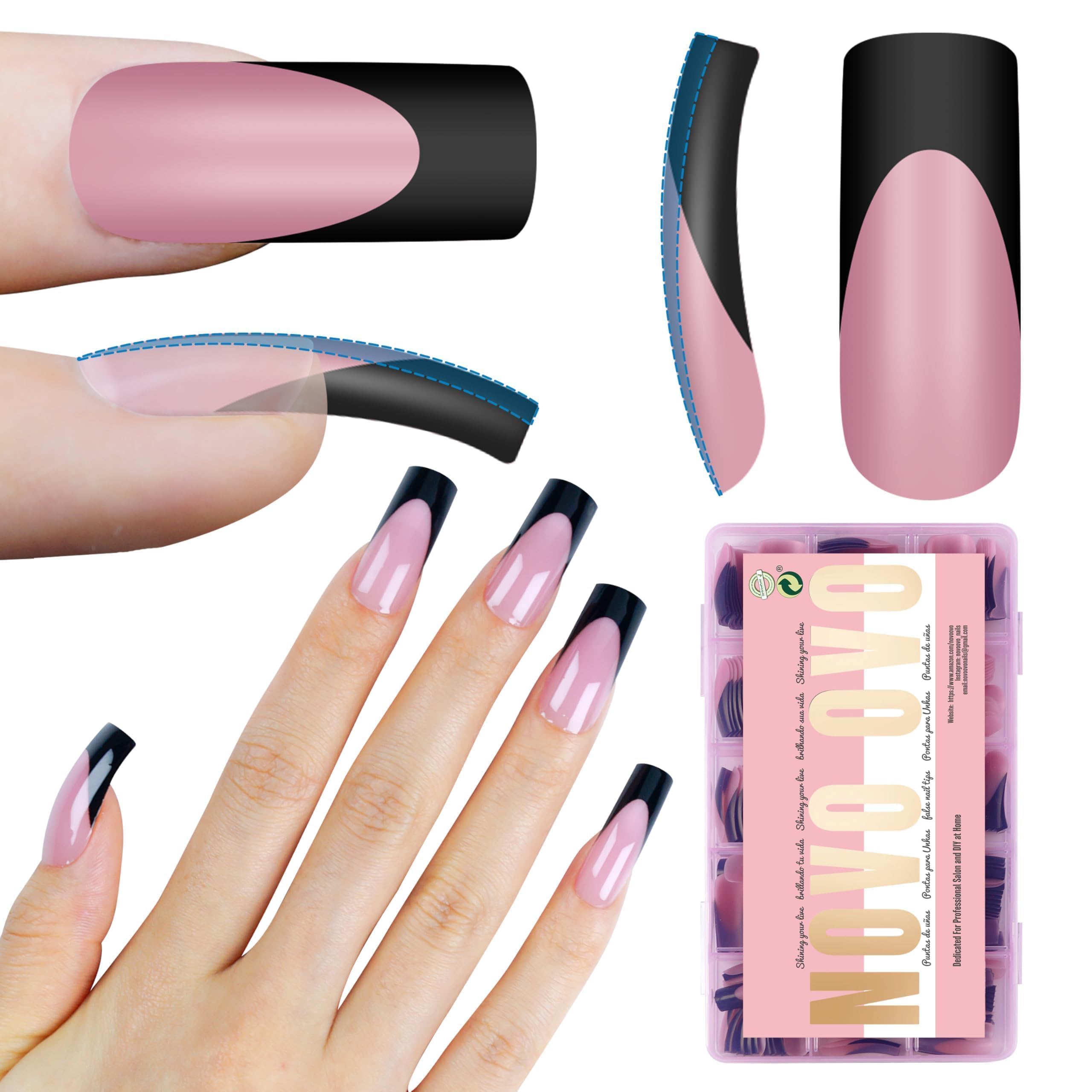 NOVO OVO Halloween Black French Tip Nail Tips BERRY PINK Medium Slightly Curved Full Cover for Press on Acrylic Extra Thick Soft Gel False Nail