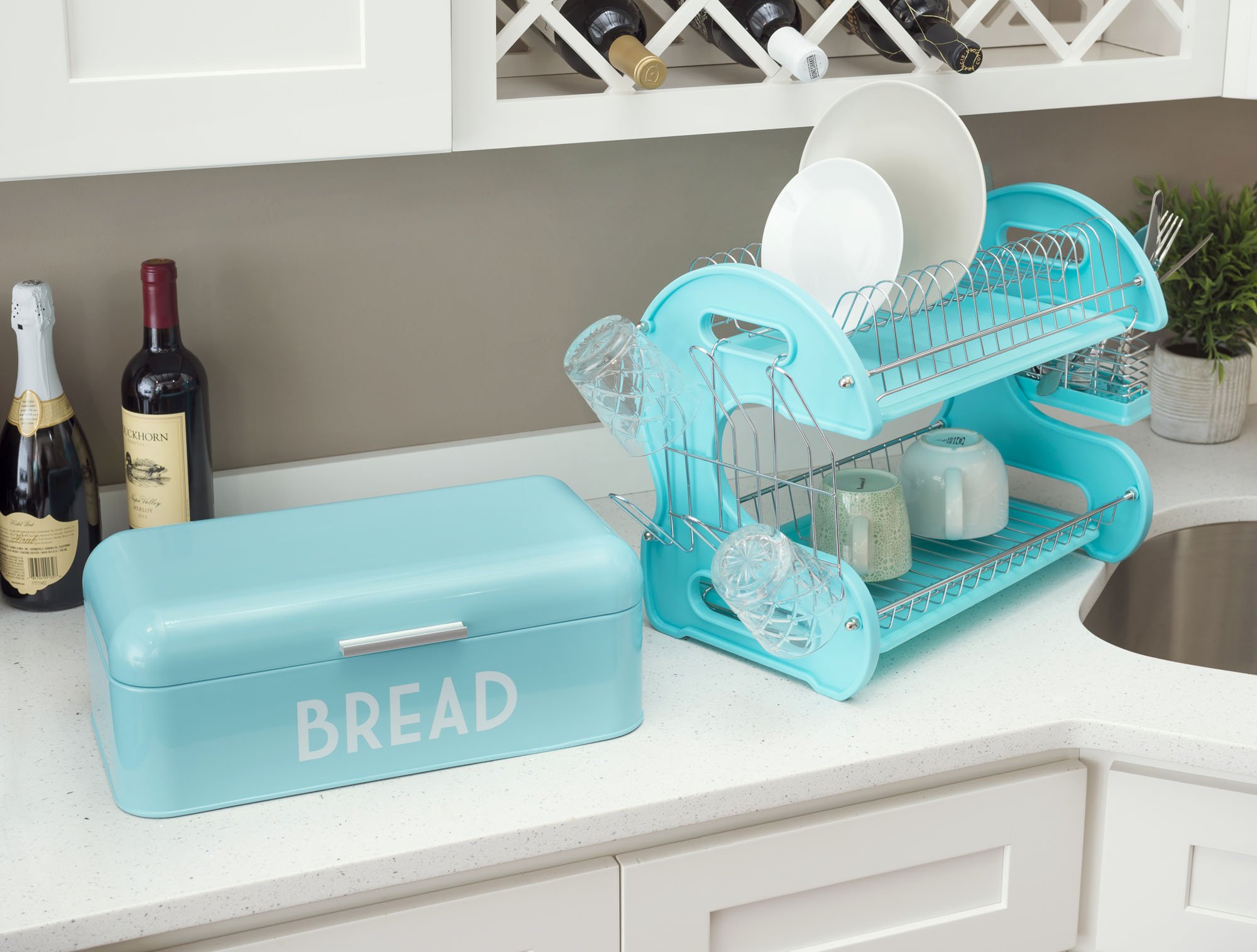 Home Basics Plastic, 2-Tier (Turquoise) Dish Drainer, 22.2