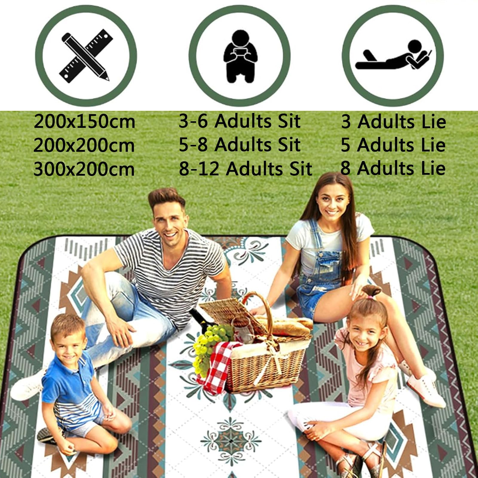 Coperta Picnic Grande Impermeabile Pieghevole Spessa Per Campeggio Prato Lavabile Lavatrice-Green