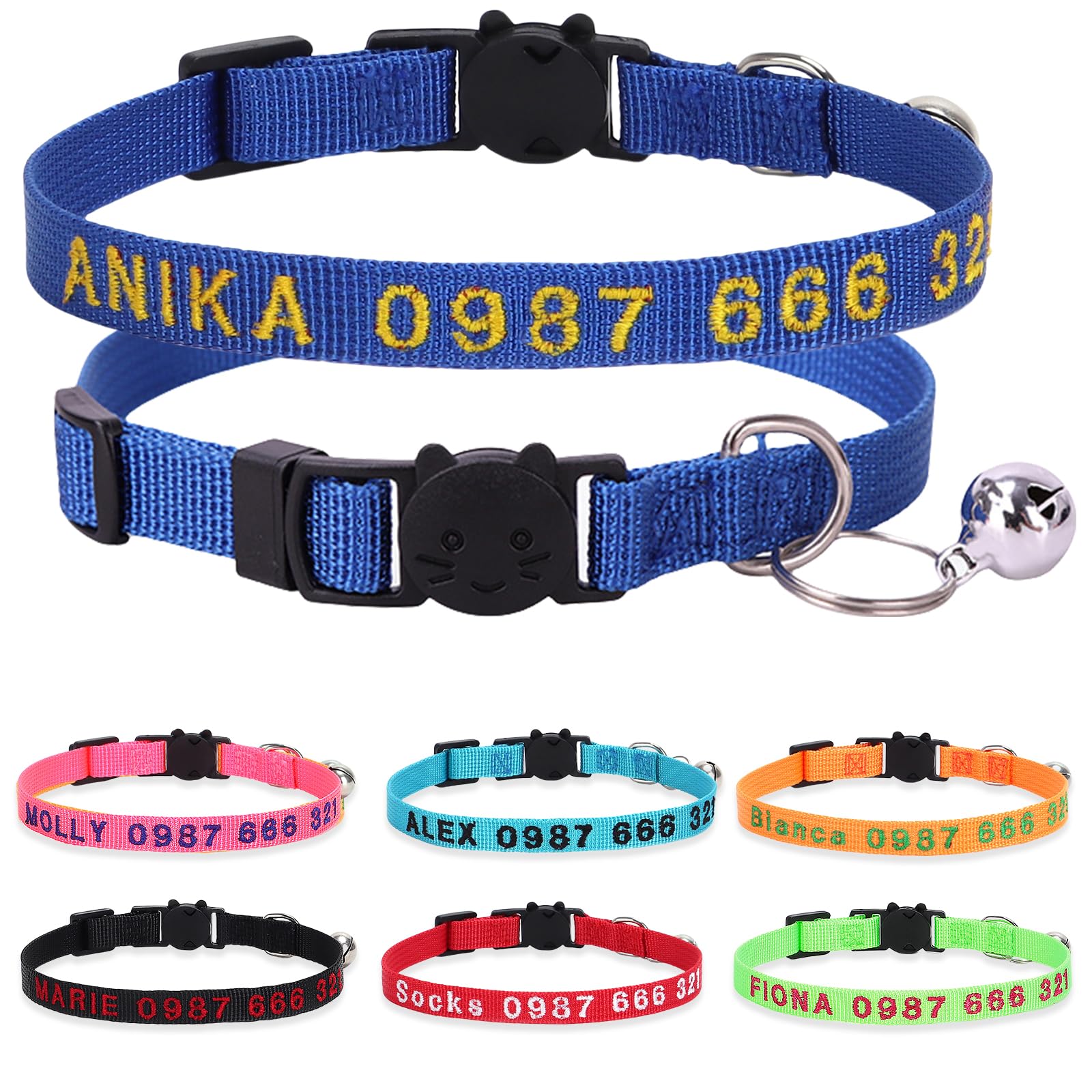 Personalized Cat Collars, Embroidered with Pet Name and Phone Number, Adjustable Nylon Breakaway Safety Release Buckle ID Collar,Custom Text with Bell for Cat or Kitten,Blue