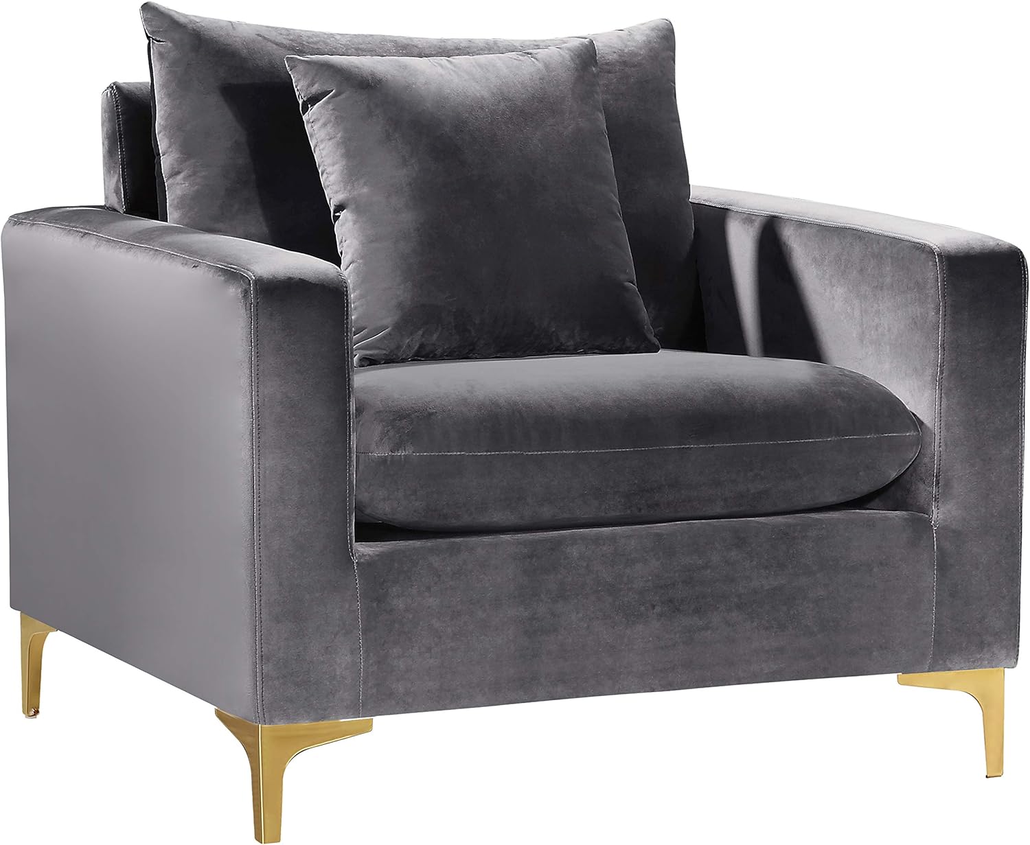 Meridian Furniture Naomi Collection Modern | Contemporary Grey Velvet Upholstered Chair with Stainless Steel Base in a Rich Gold or Chrome Finish,
