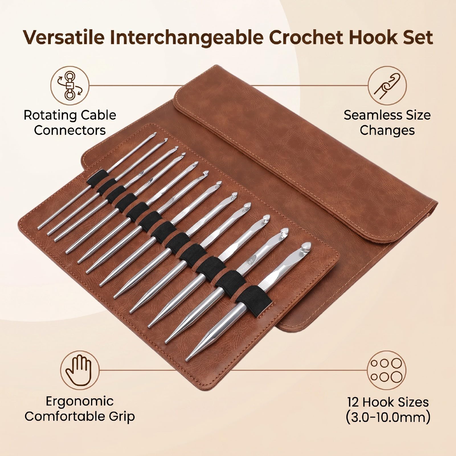 Haofy Juego de Ganchillos de Aluminio, 12 Piezas de 3 a 10 Mm para Crochet | 4 Cables Flexibles, Mangos Ergonómicos Antideslizantes que Reducen la Tensión de la Muñeca, Juntas Rotativas Suaves, para