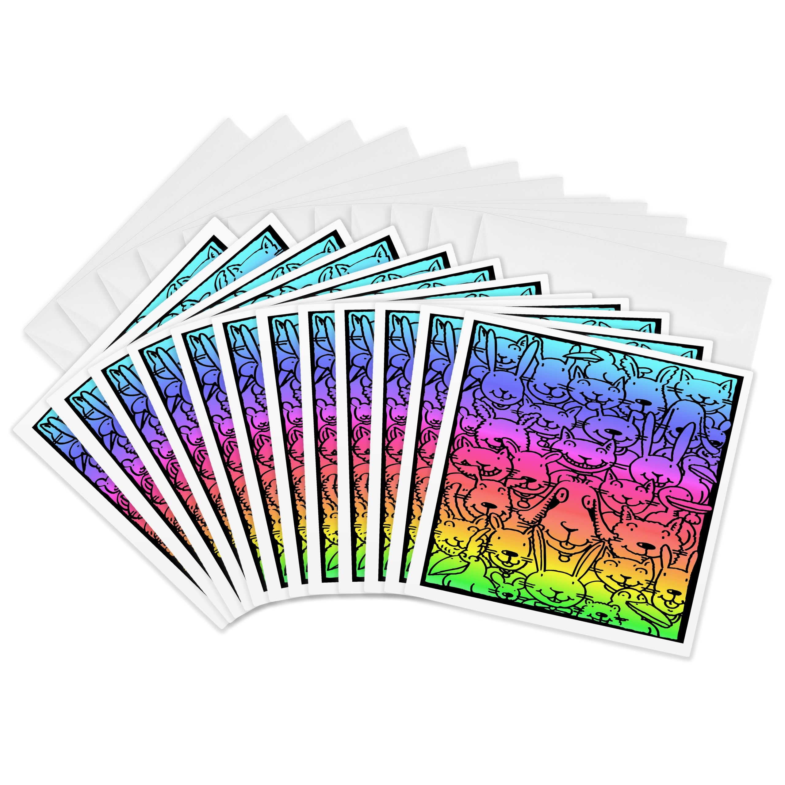 3dRose gc_116495_2 6 x 6-Inch "Cute Cartoon Rainbow Gradient Colored Pets Animals Cartoon Dogs Cats Rabbits and Birds" Greeting Card (Set of 12)