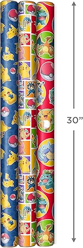 Miniatura 4 de Hallmark Papel de regalo Pokémon con líneas de corte en el reverso (3 rollos 60 pies cuadrados Ttl) y paquete de bolsa de regalo Pokémon (Pokémon