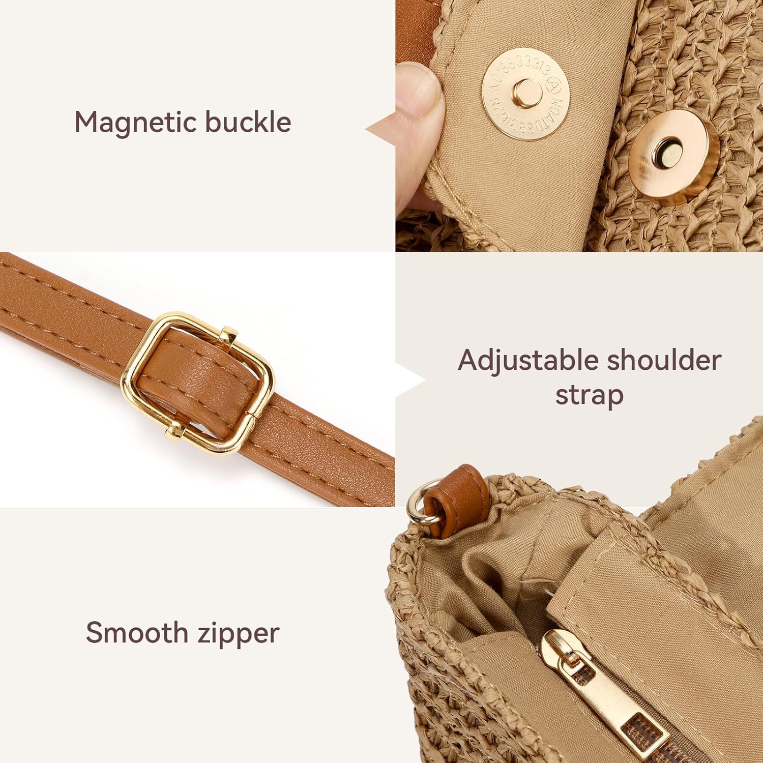 Straw Bag Beach Purse Summer Purses for Women Vacation Handbags Woven Crossbody Bags 5658-Khaki - Image 4