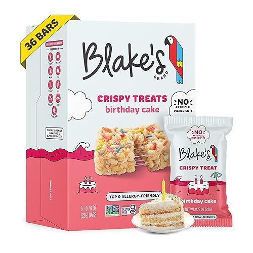 Blake's Crispy Treats - Pastel de cumpleaños (36 unidades), sin nueces, sin gluten, sin lácteos y vegano, aperitivos saludables para niños o