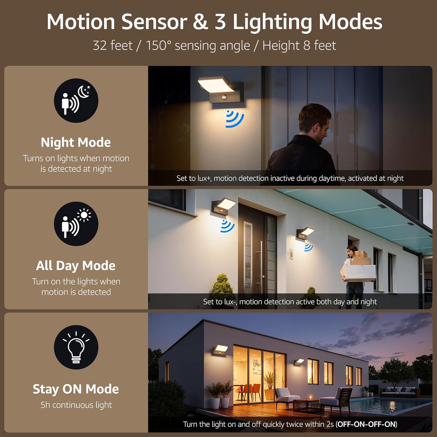 Outdoor Wall Sconce Motion Sensor Lights, Black 40W Modern Lighting Fixtures, Adjustable Head Aluminum IP65 Waterproof Exterior Lights for Porch Patio Garage, 3000K, 2 Pack