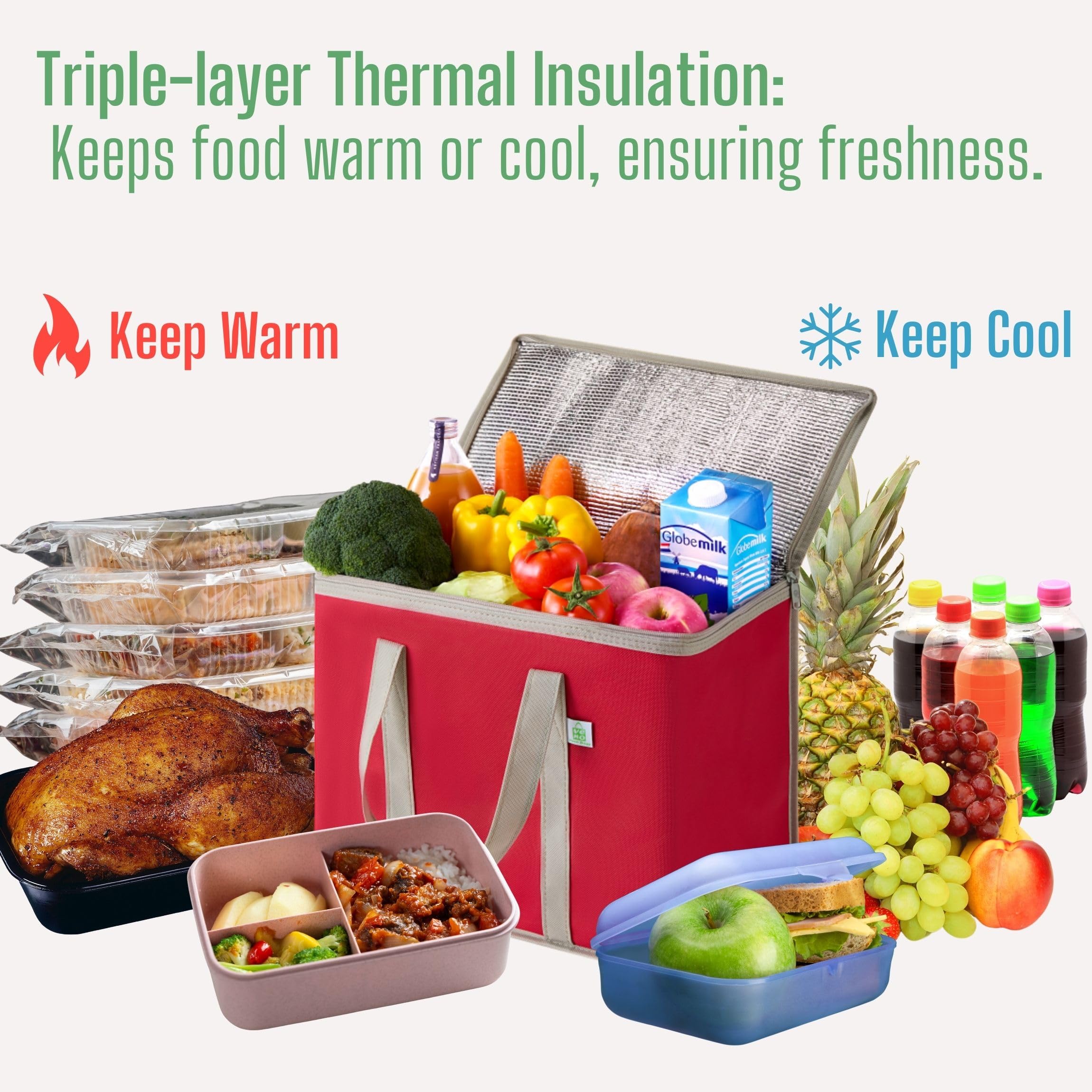 VENO 2 Pack Insulated Reusable Grocery Bag, Food Delivery Bag, Durable, Heavy Duty, Large Size, Stands Upright, Collapsible, Sturdy Zipper, Reusable and Sustainable (Red - 2 Pack)