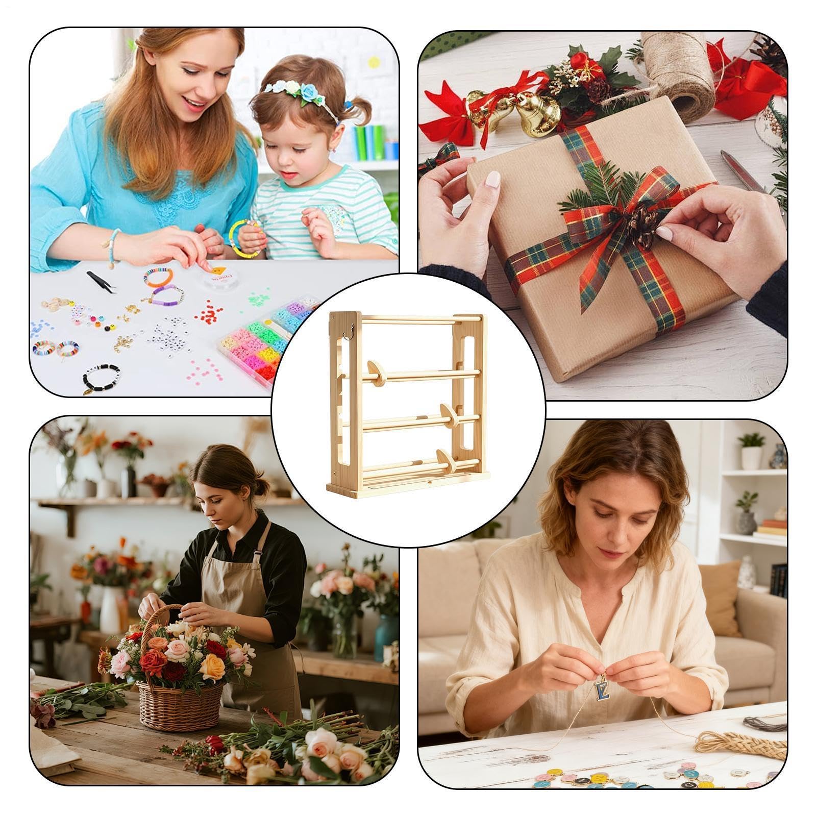 Portanastri - Con Fermo A 4 Ripiani In Legno,Porta Bobine Di Nastro,Per Bobine A Rete, Carta Adesiva, Sale Per Hobby, Laboratori Creativi, Negozi, Boutique E Fioristi