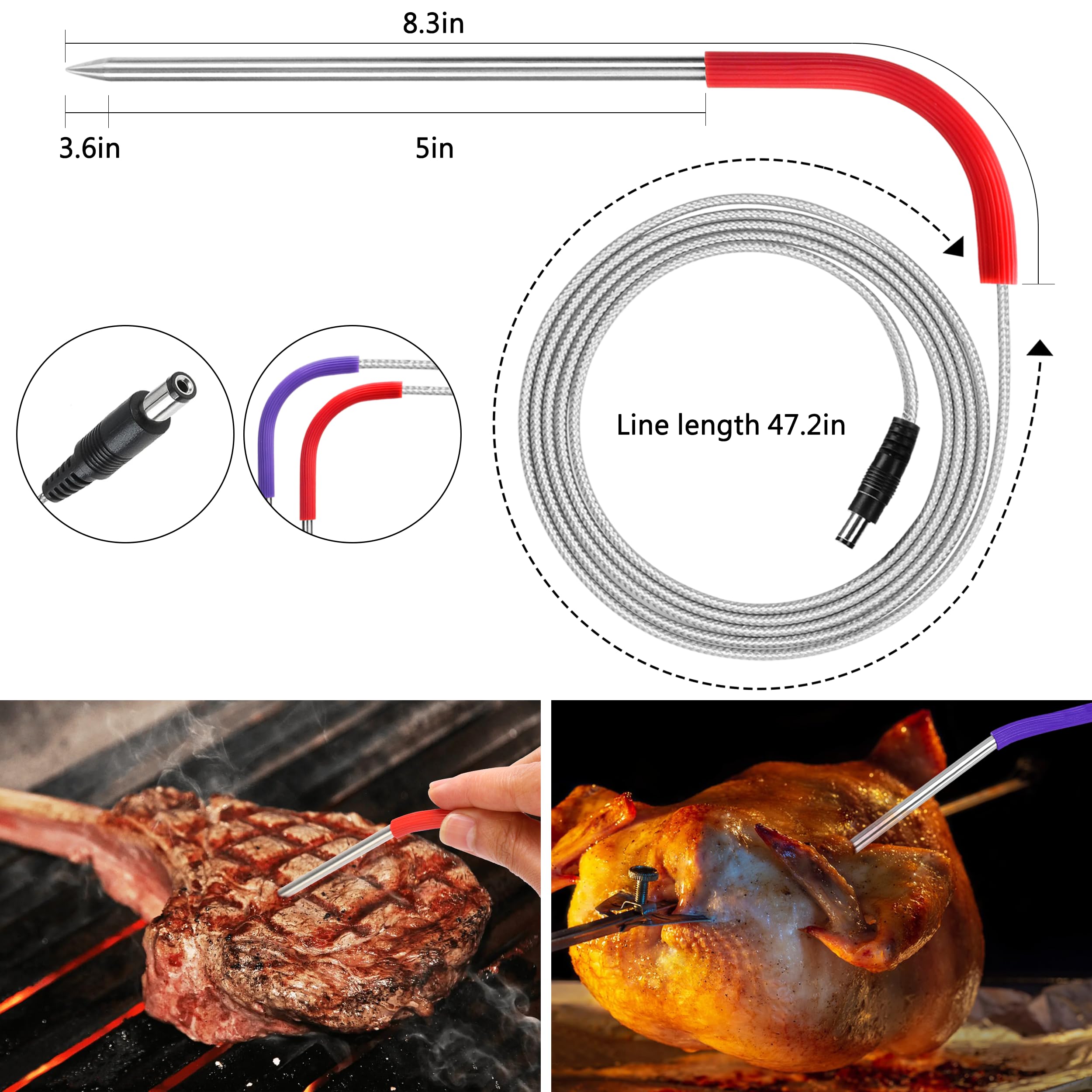 2 Pack Meat Probe Replacement for Pit Boss Pellet Grills and Smokers, 3.5mm Plug Temp Meat Probe with Probe Clips and Grommet, Replace for Pitboss Accessories