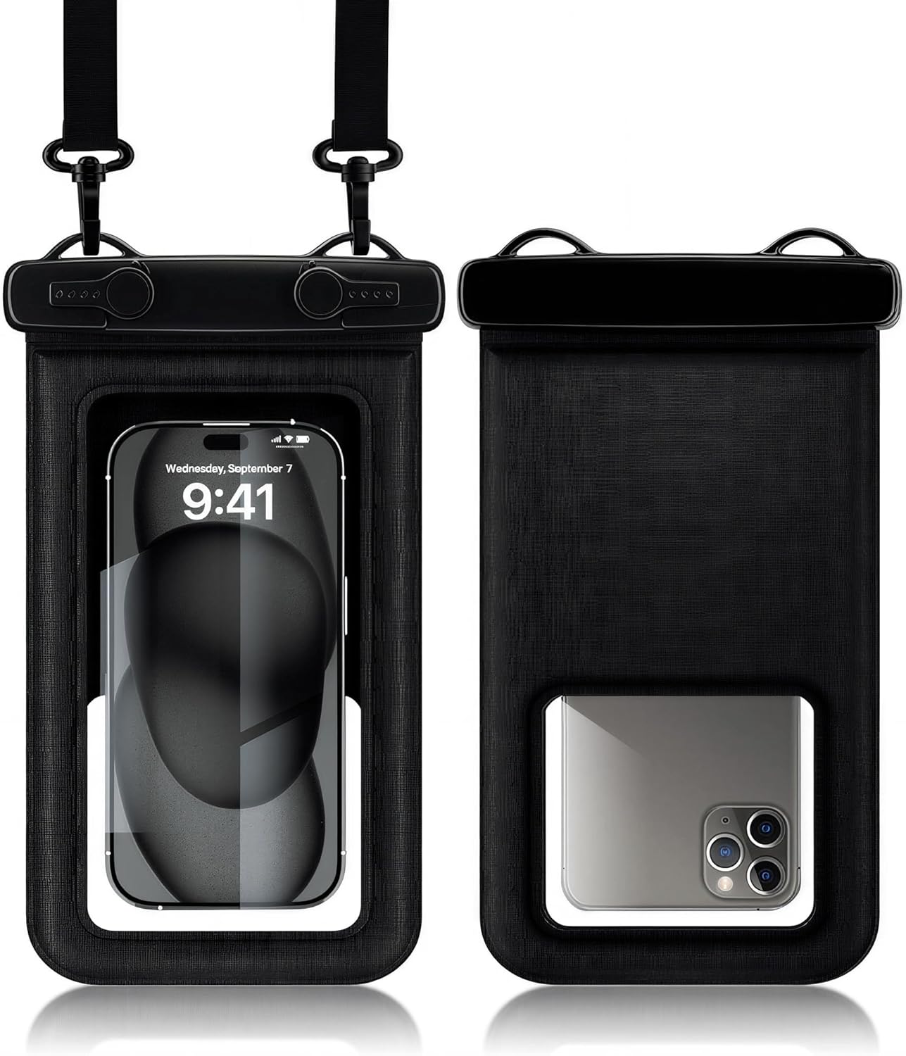 2 Pack IPX8 Floating Waterproof Phone Pouch, Anti-Pop Lock 27.68 Sq in Extra Large Case, Sensitive Touch & Detachable Lanyard, Beach Cruise Essentials for iPhone & Samsung, Black (Black)