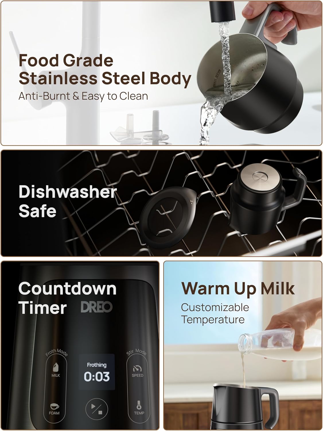 Dreo All-in-1 BaristaMaker Milk Frother, Electric Foam Frother for Latte Art Microfoam and Coffee, 15oz/450ml Automatic Milk Warmer with 30 Drinks, Dishwasher Safe, Dairy/Plant-Based Milk