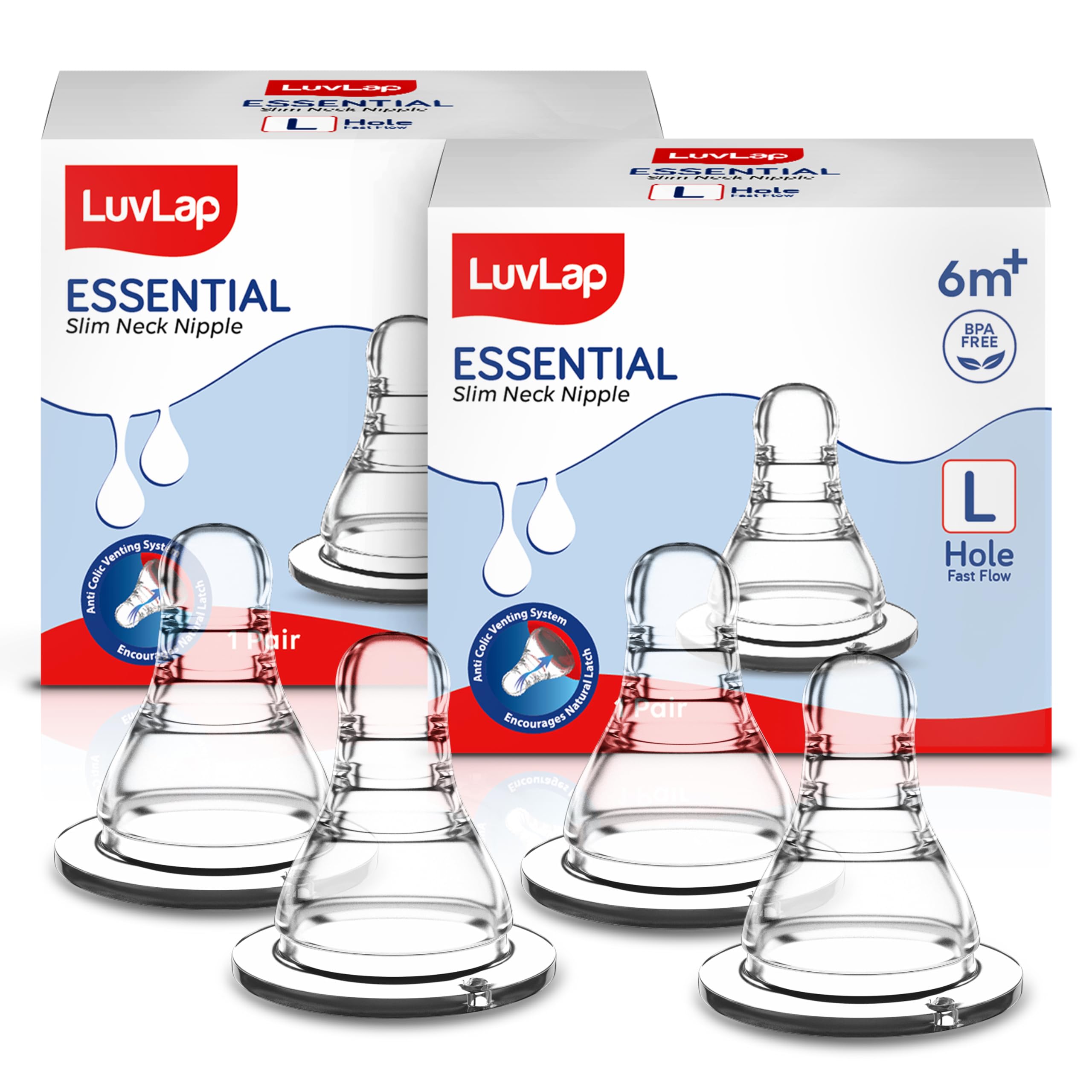 LuvLap Anti-Colic Essential Teat/Nipple for Slim Neck Bottle, 4pcs, Fast Flow, 6m+