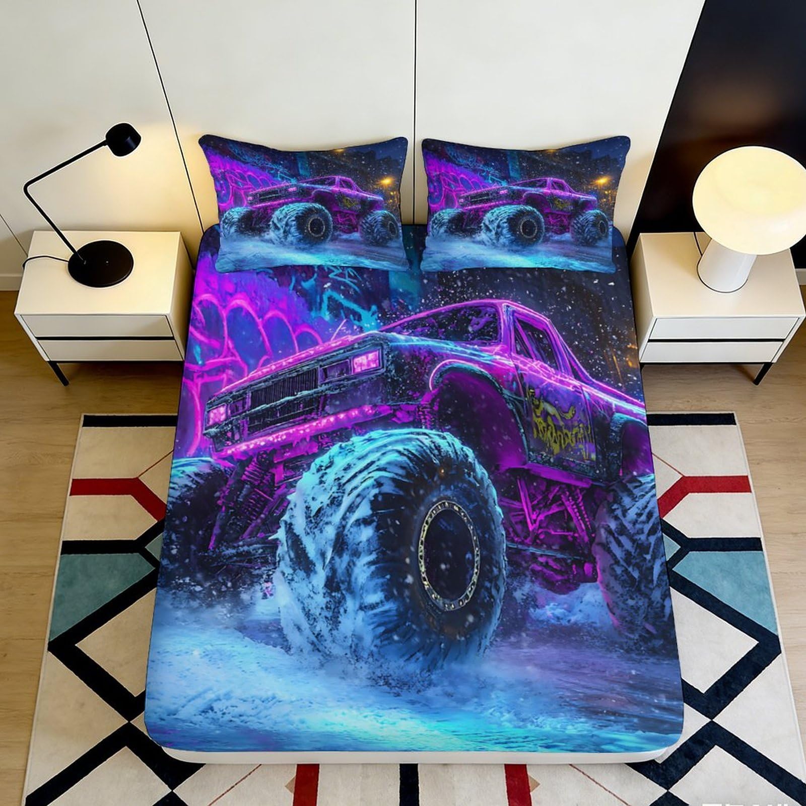 3D Printed Monster Truck Fitted Sheet Microfiber Non-Slip Deep Pocket Monster Truck Mattress Fitted Cover Bedroom Bed Wrap 200x200x25cm