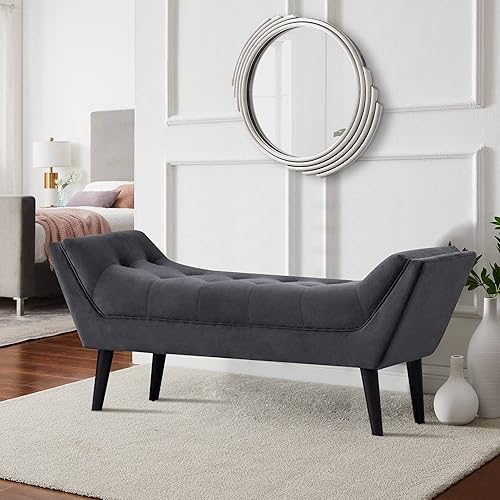 Miniatura 8 de Alunaune Banco otomano de terciopelo para dormitorio, banco de entrada tapizado, reposapiés otomano con patas de madera, 2 plazas, color gris oscuro