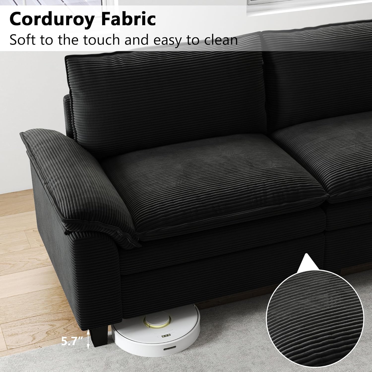 Sectional Couches for Living Room, Modular Sectional Sofa, 85.4 Inch 2 Seat Modern Corduroy Loveseat Sofa, Convertible Deep Seat Cloud Couch, Black