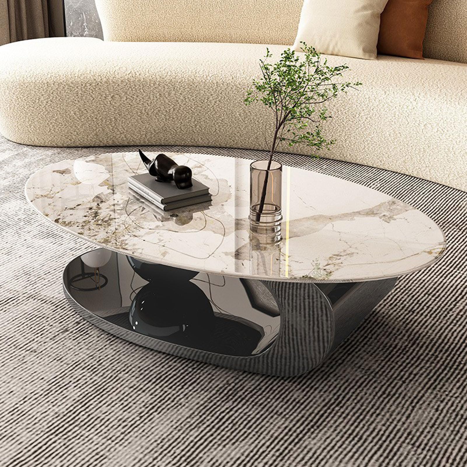 Ovaler Couchtisch, einzigartige Couchtische, Couchtisch mit Marmorplatte und Metallstahlrahmen, stabil und einfach zusammenzubauen, für Wohnzimmer, Büro, Heimdekoration (B 130 x 70 cm)
