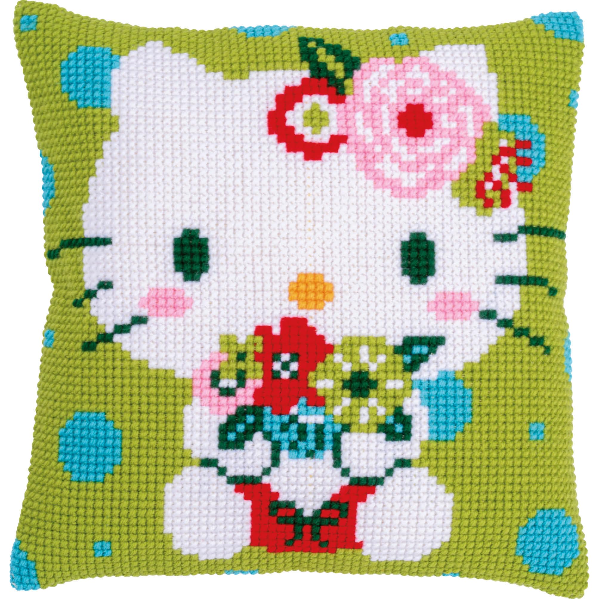 Vervaco Kit Cuscino Punto Croce HELLO KITTY VERDE FLOREALE Set Ricamo Principianti Cuscini Gobelin Decorativi ca. 40 x 40 cm Accessori Per Lavoretti Creativi DIY Casa Decor Hobby Adulti Cross Stitch