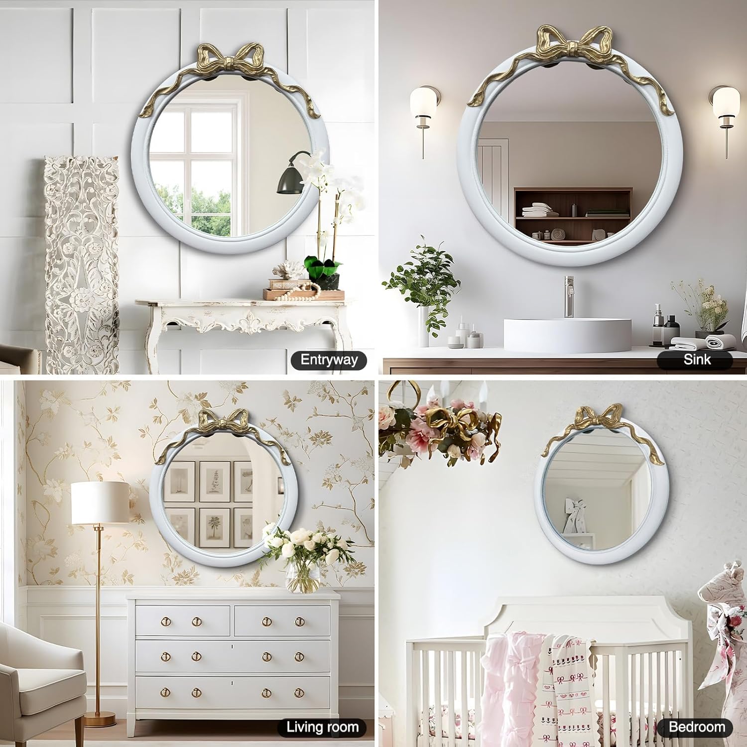 28x28 inch Gold and White Bow Mirrors for Wall, Round/Circle God Decorative Wall Mounted Mirror, Irregular Mirrors Suitable for Bedroom, Hallway, Living Room Decoration, Nursery, Girls Room