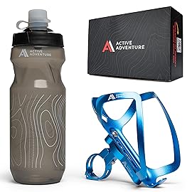 Bike Water Bottle Holder Combo - 20 Oz Squeeze Bottle & Bicycle Mount Cage Rack, No Screws Needed, Durable Alloy - Fits All Handlebar Bikes & MTB Mountain Road - for Adults, Kids (Blue)